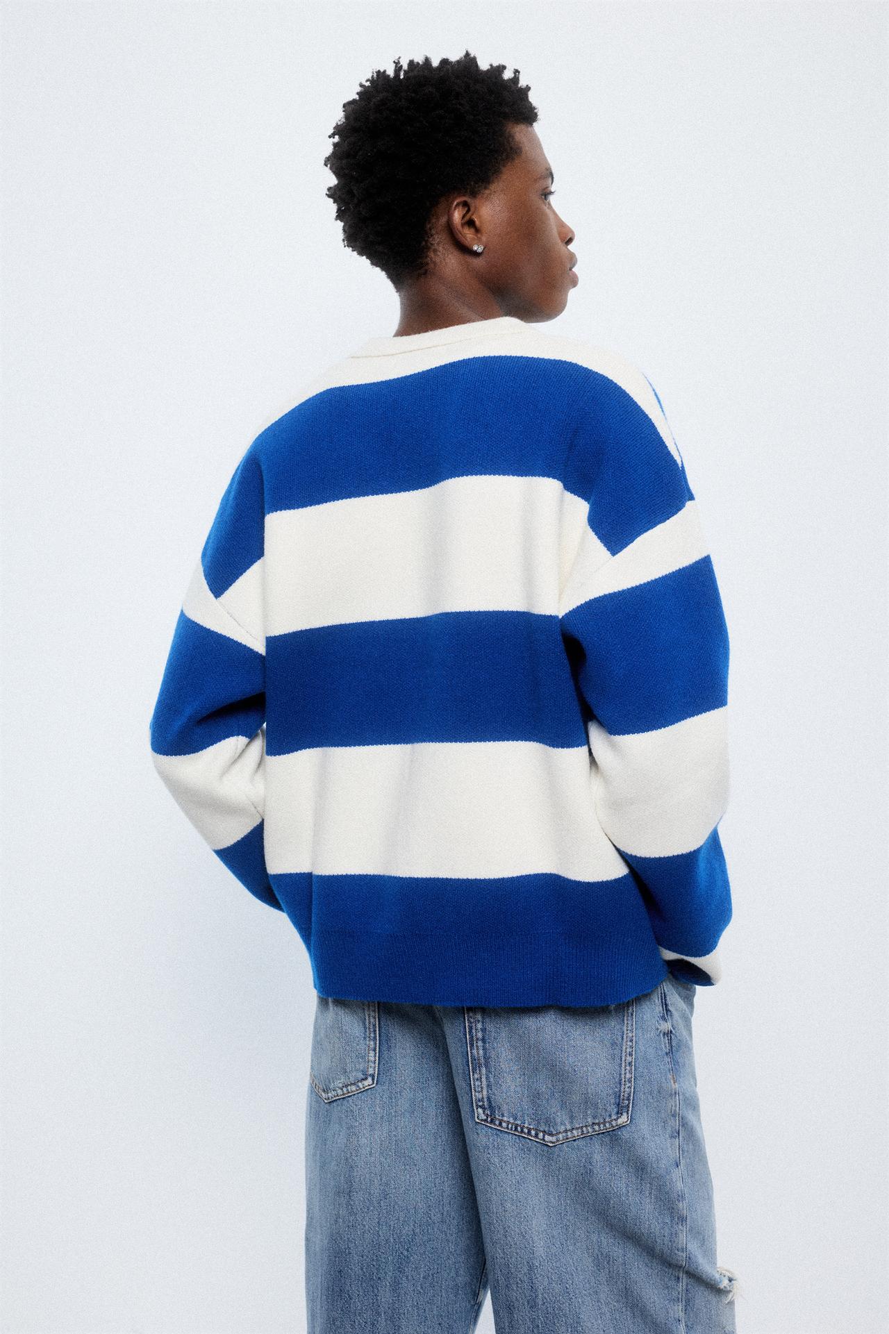 Striped long sleeve knit polo — Blue/White