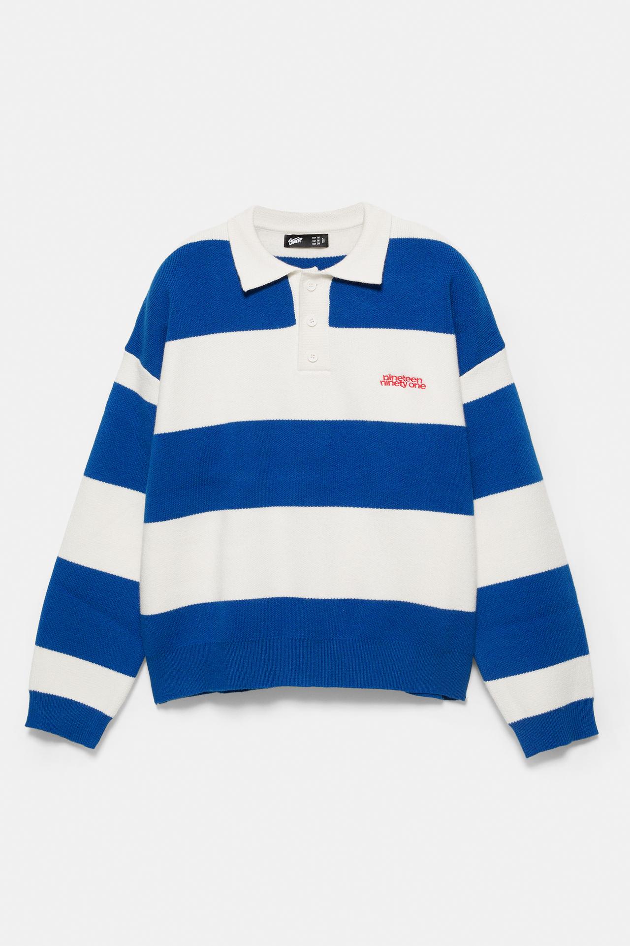 Striped long sleeve knit polo — Blue/White