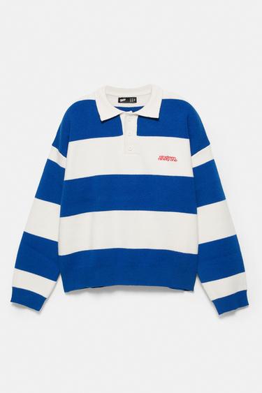 Striped long sleeve knit polo — Blue/White 2