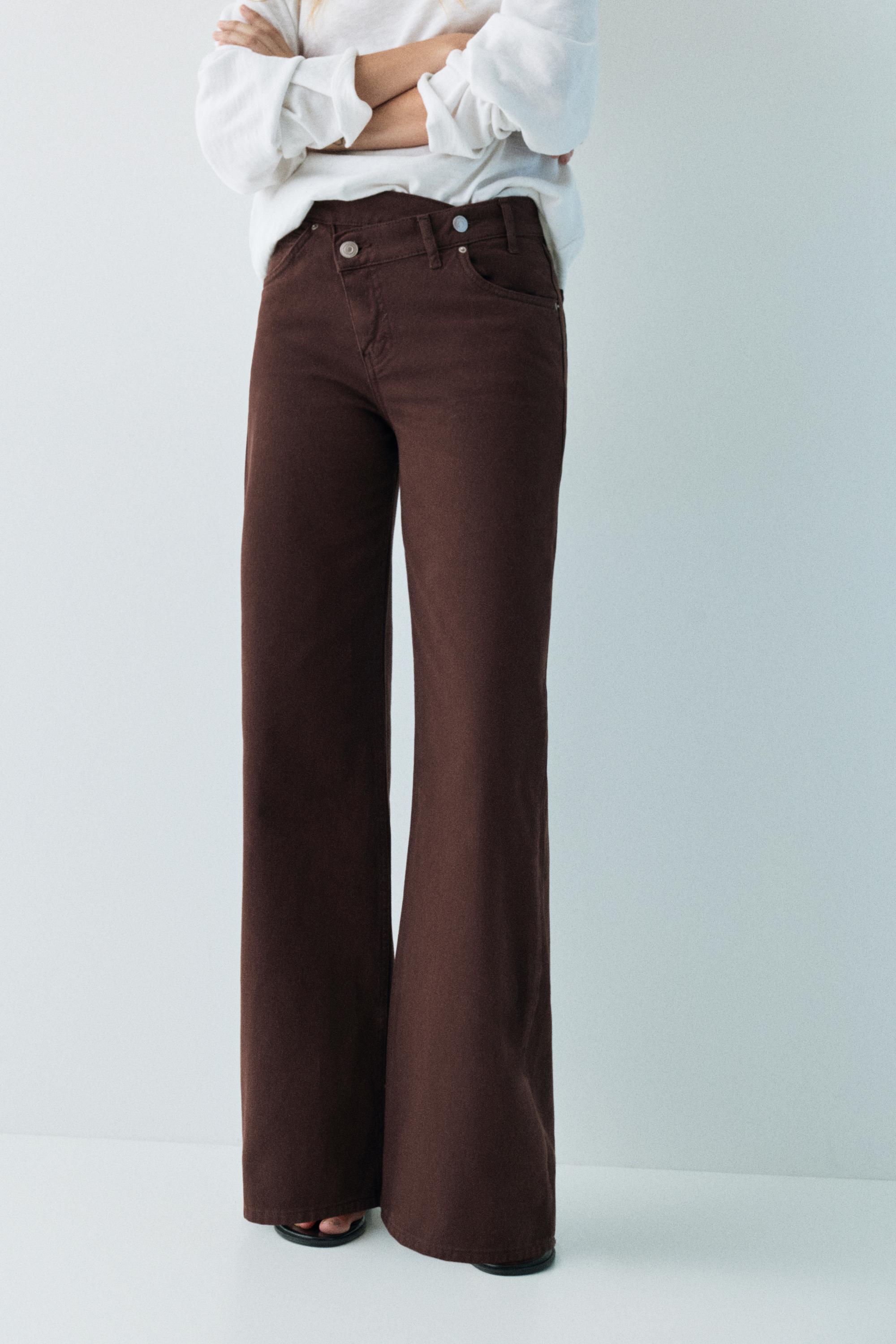 Wide leg jeans with crossover waistband — Brown