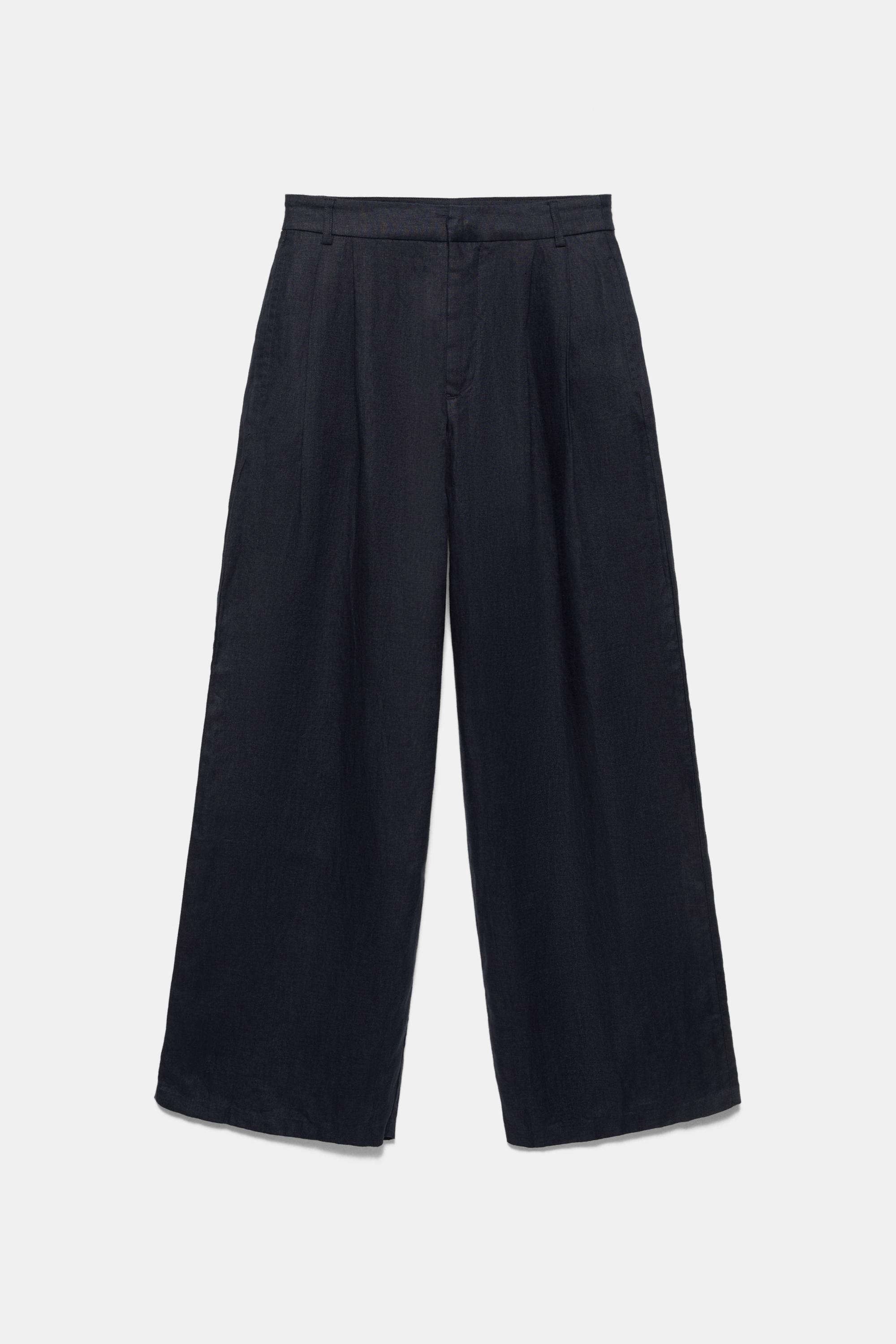 Wide-leg 100% linen trousers — Dark navy