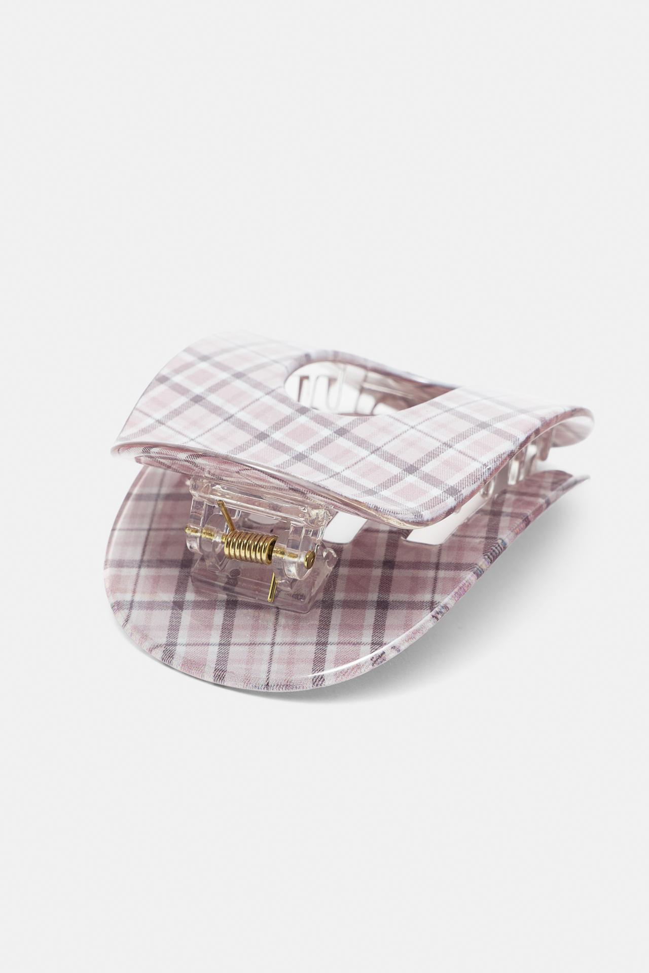Oval checked hair clip — Pink