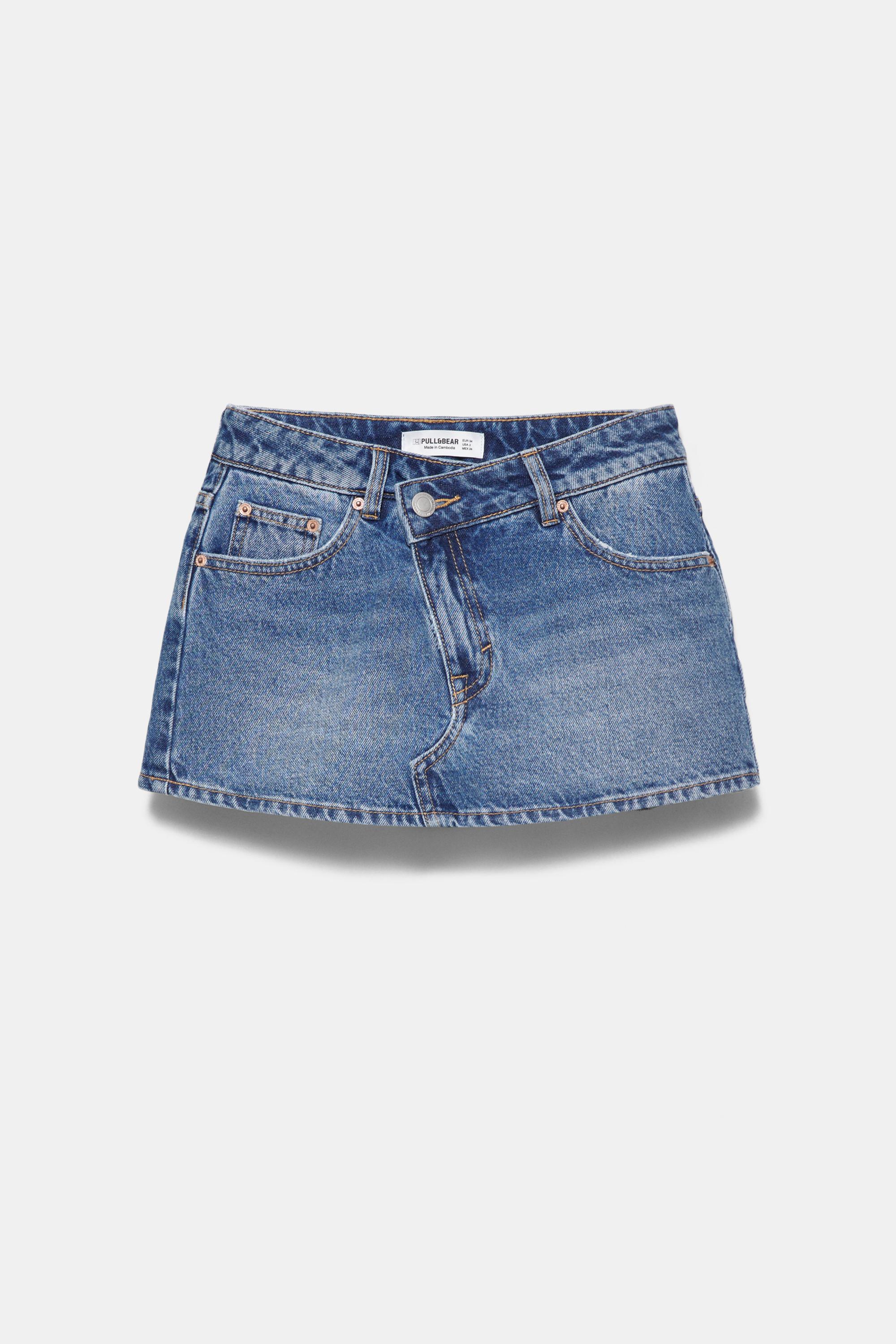 Cross-waist denim skort — Medium blue