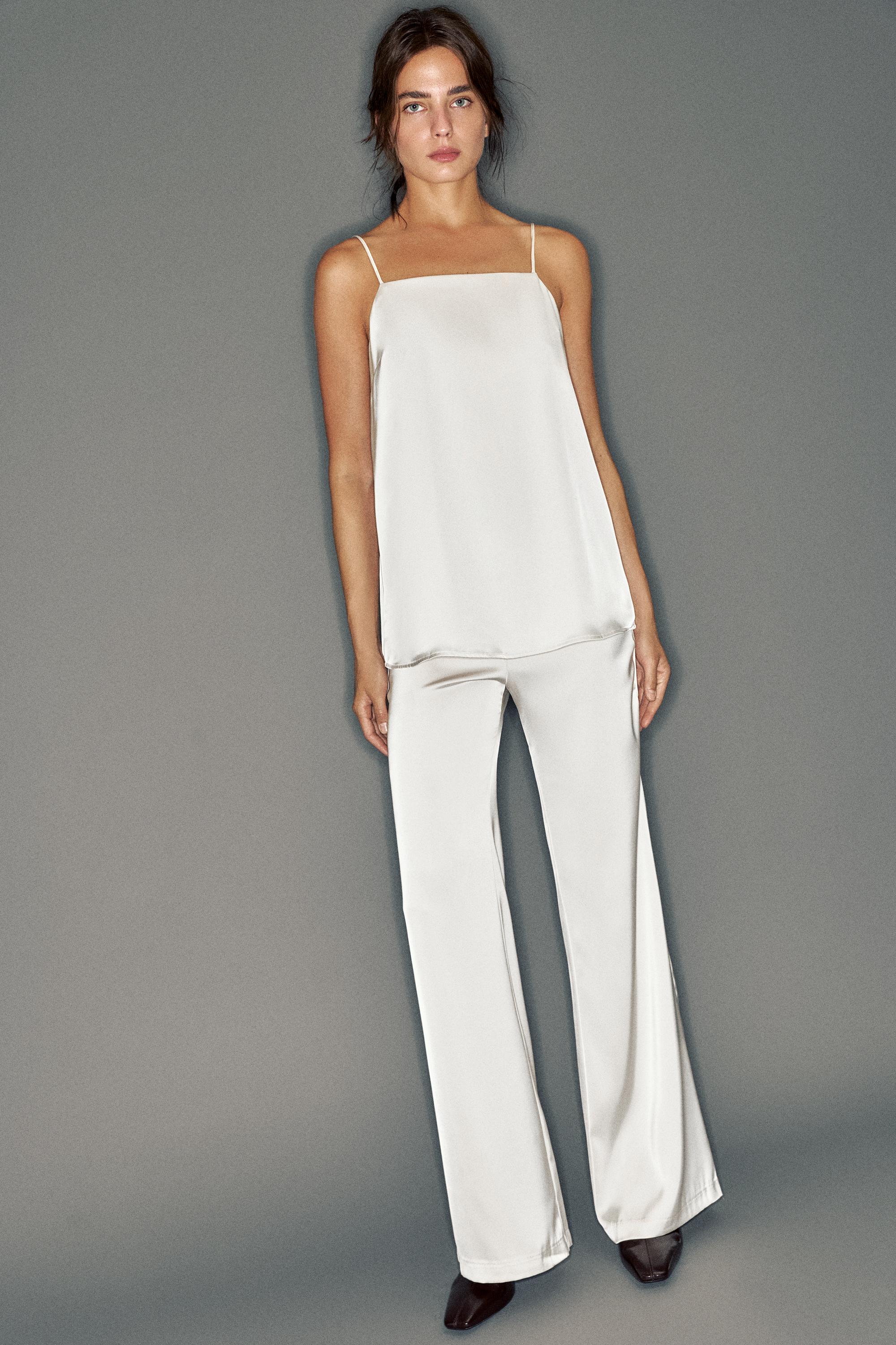Satin straight-leg trousers — Ecru