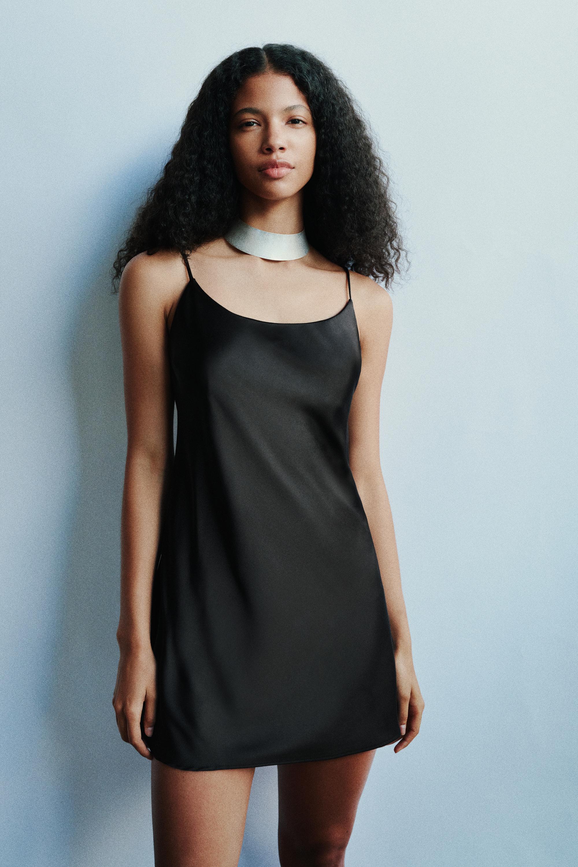 Short satin strappy dress — Black