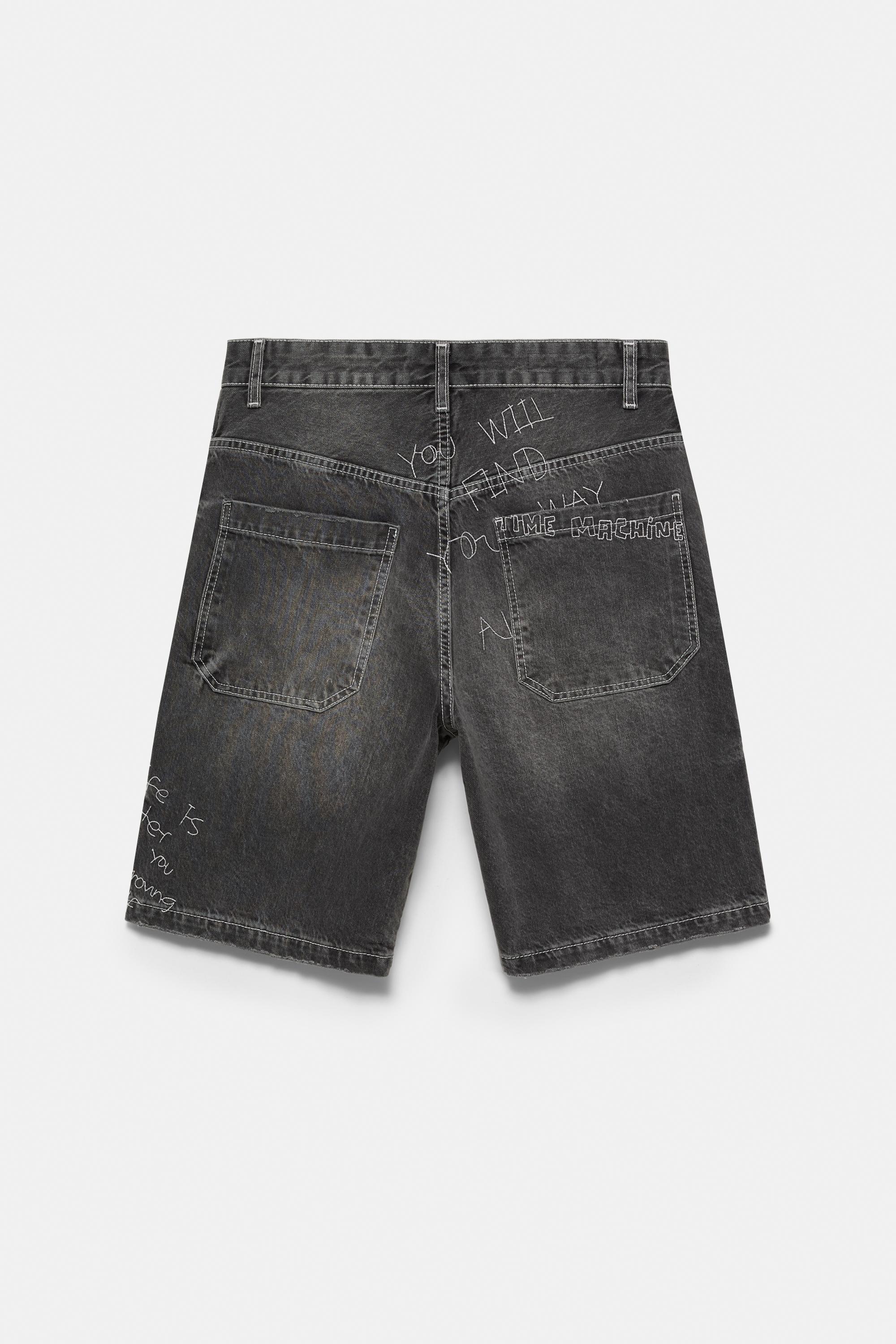 Embroidered baggy denim Bermuda shorts — Faded black