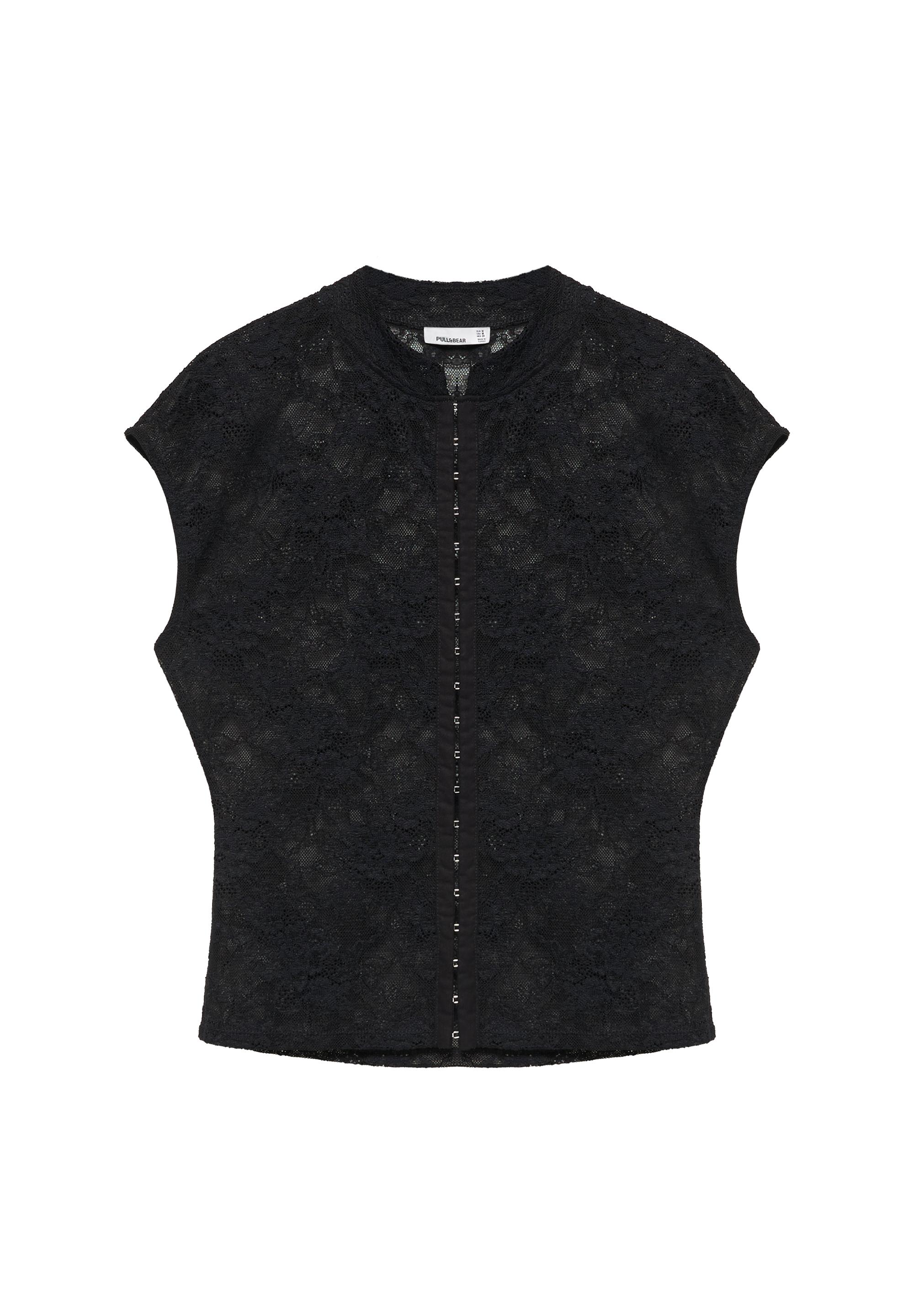 Lace stand collar top — Black