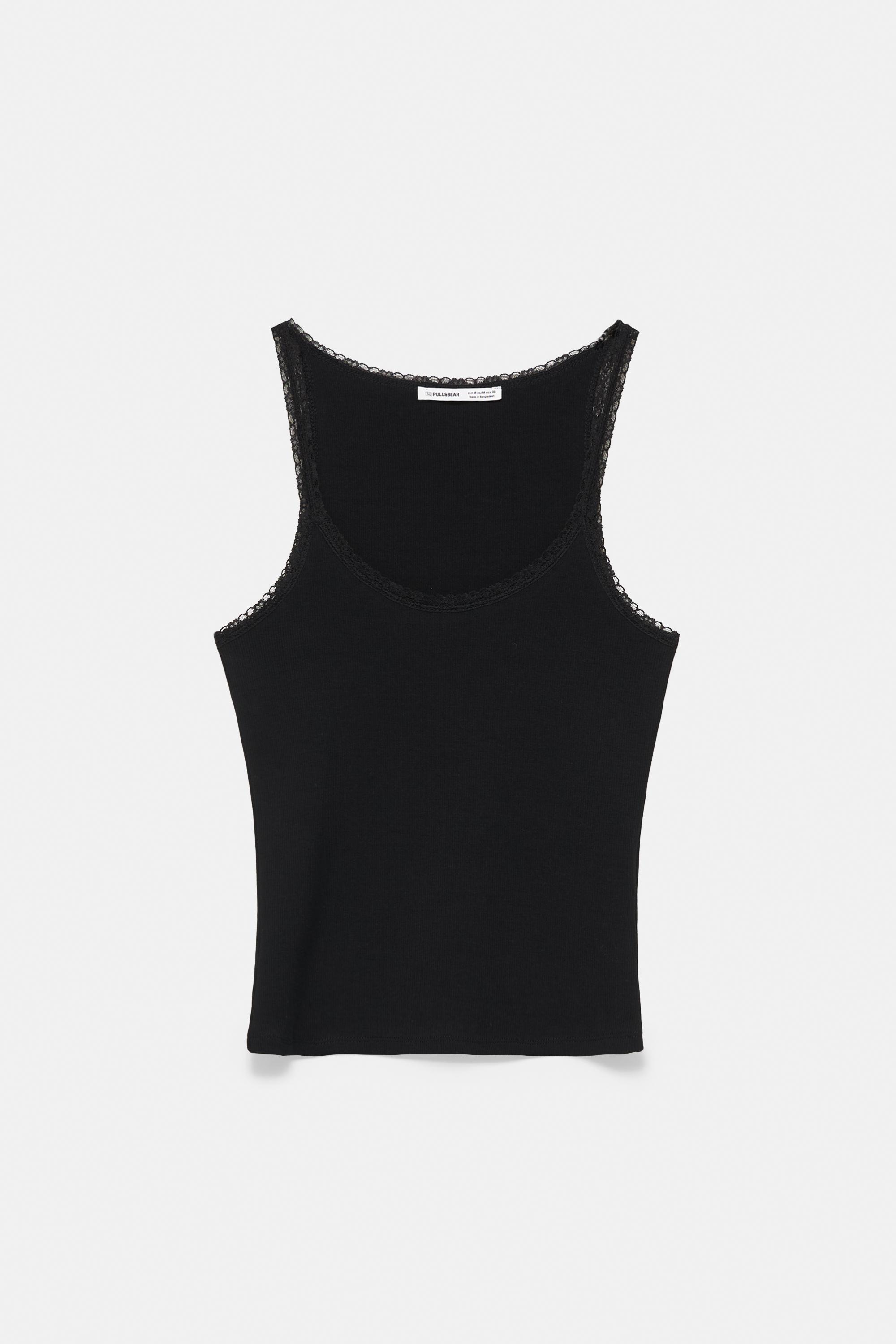 Lace-trim tank top — Black
