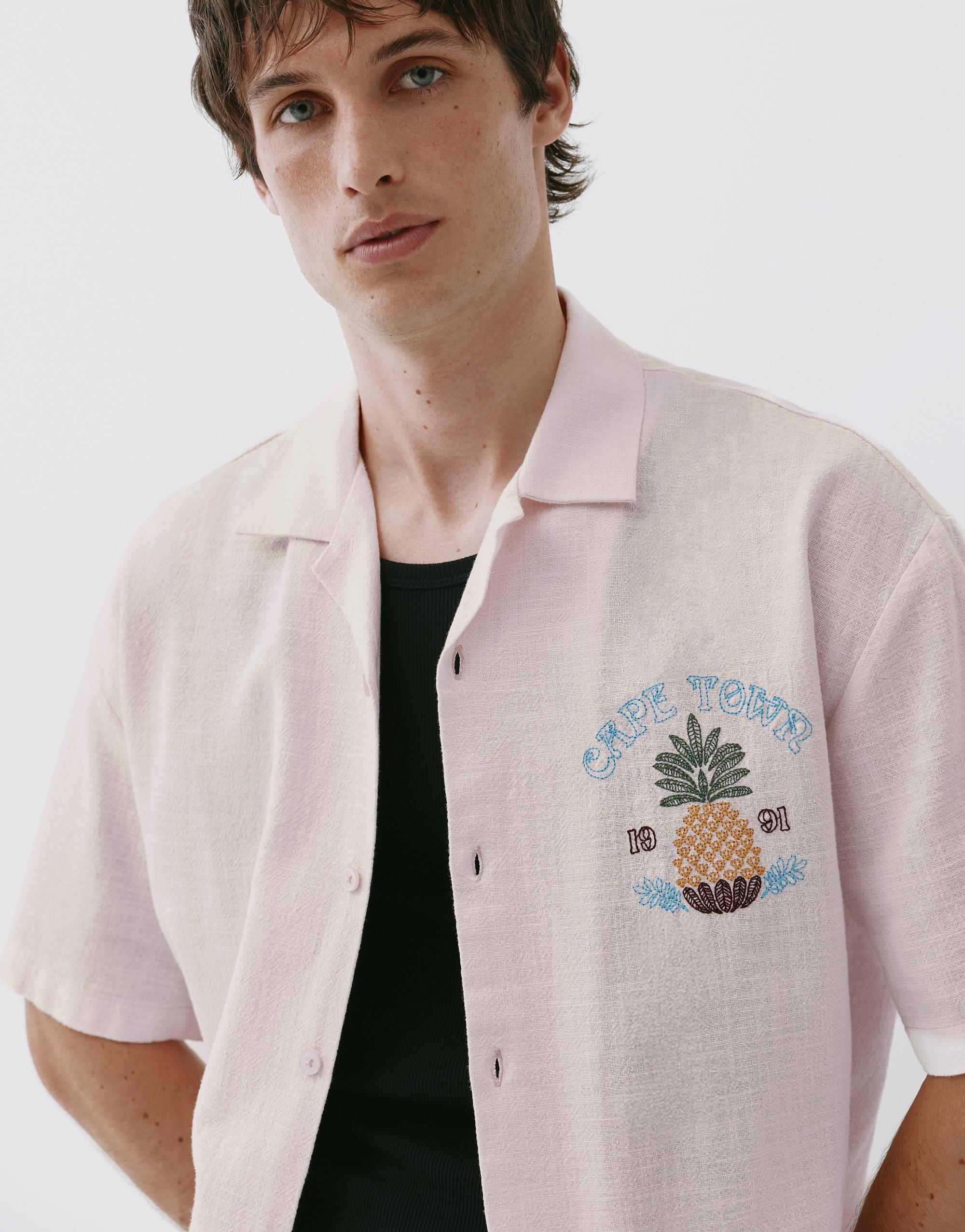Pineapple embroidery short sleeve shirt — Rose pink
