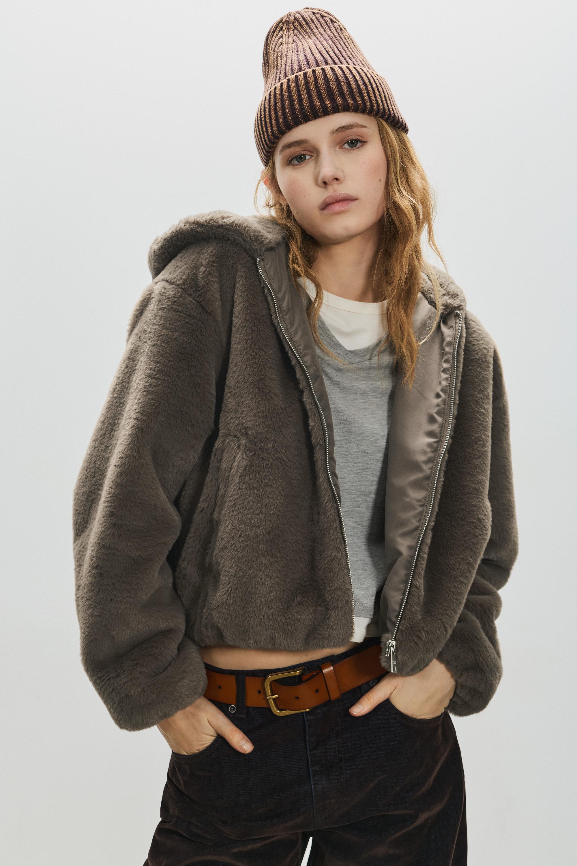 Kapüşonlu suni kürk ceket - Görsel 8