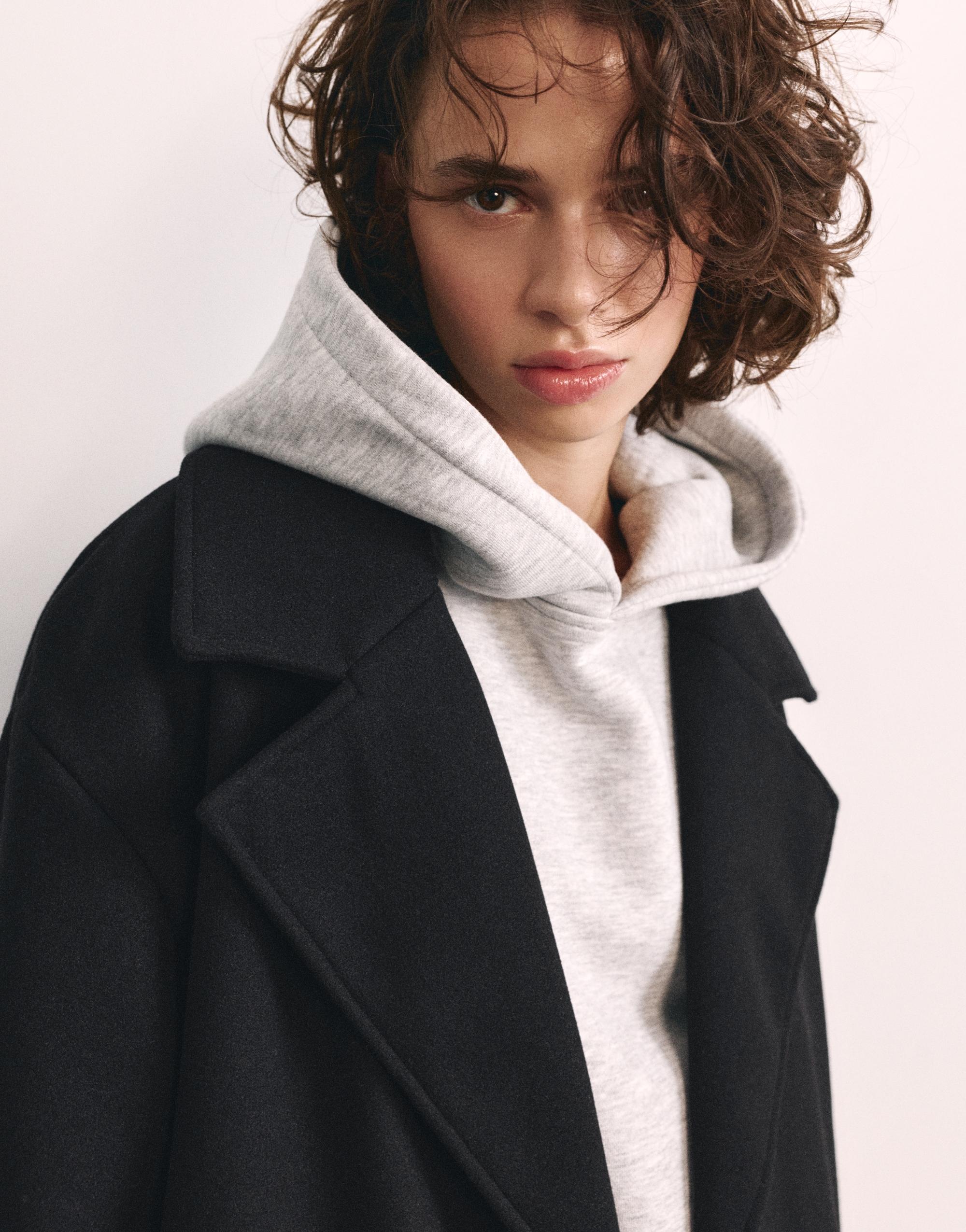Double-breasted felt texture coat — Black