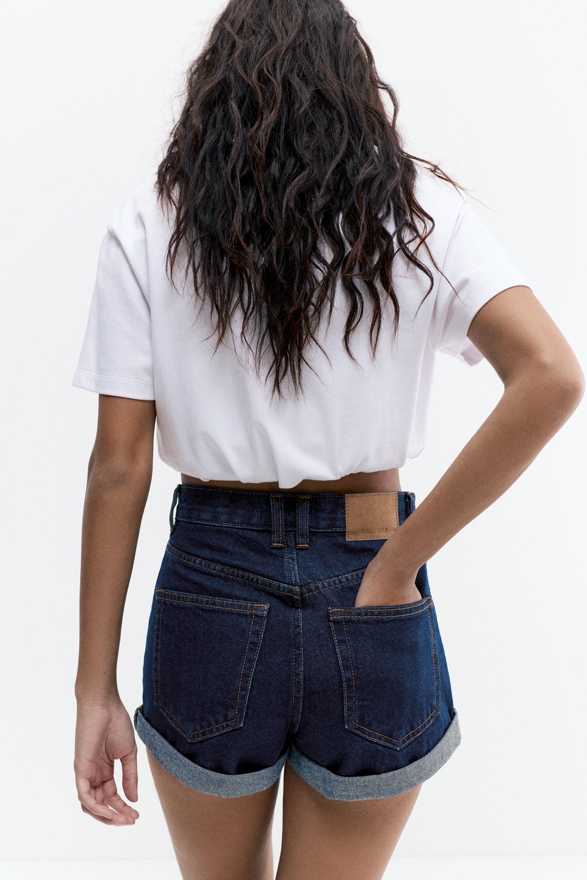 Denim mom fit shorts with turn-up hems — Navy