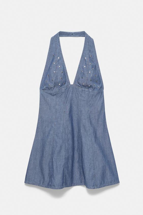 Zımbalı kısa denim elbise