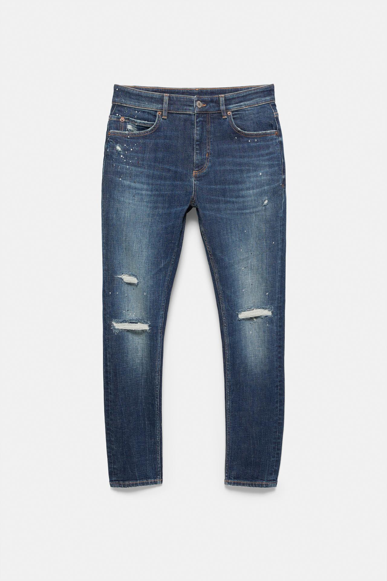 Paint splatter ripped skinny jeans — Medium blue