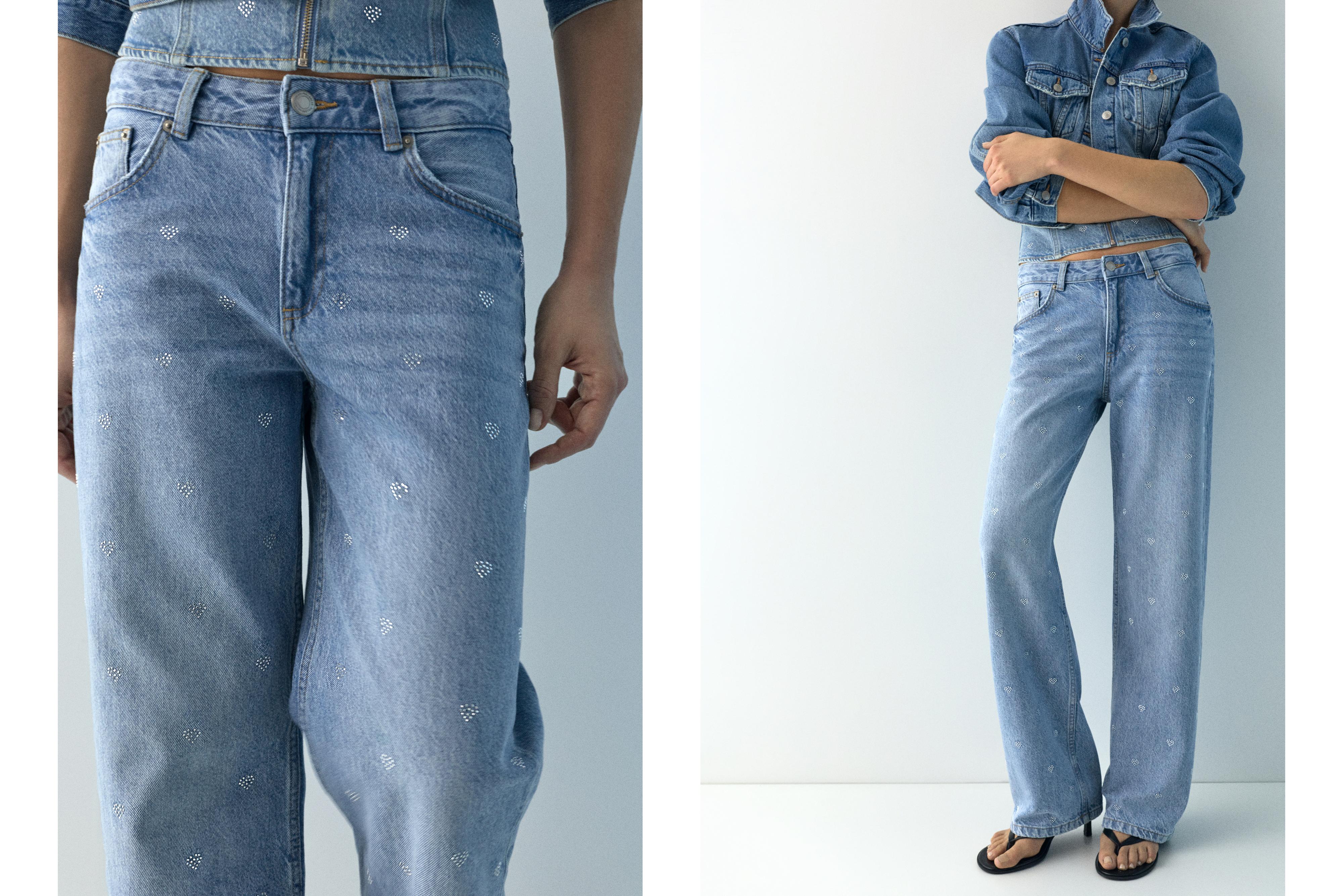 Straight-leg mid-waist jeans with rhinestone hearts — Pale blue
