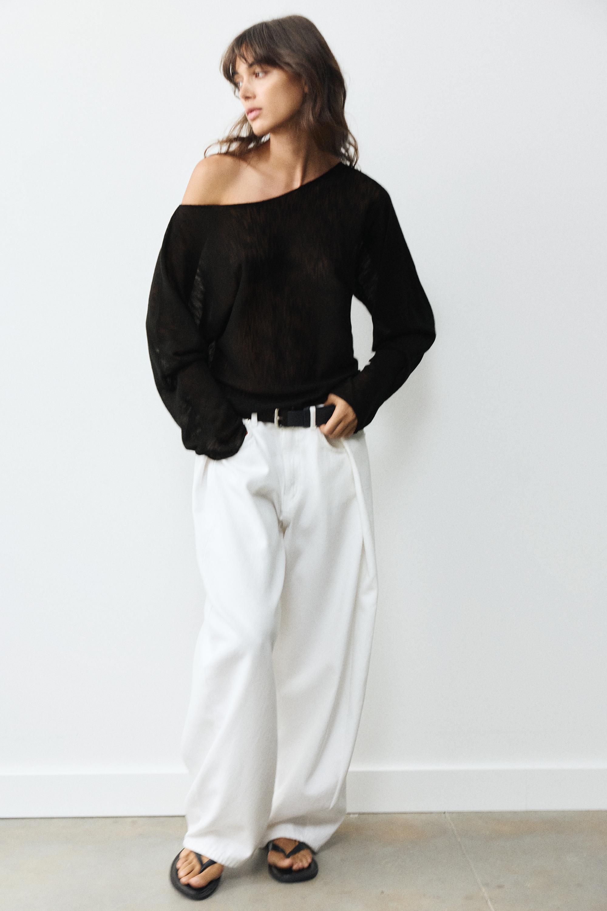 Fine knit asymmetric T-shirt — Black