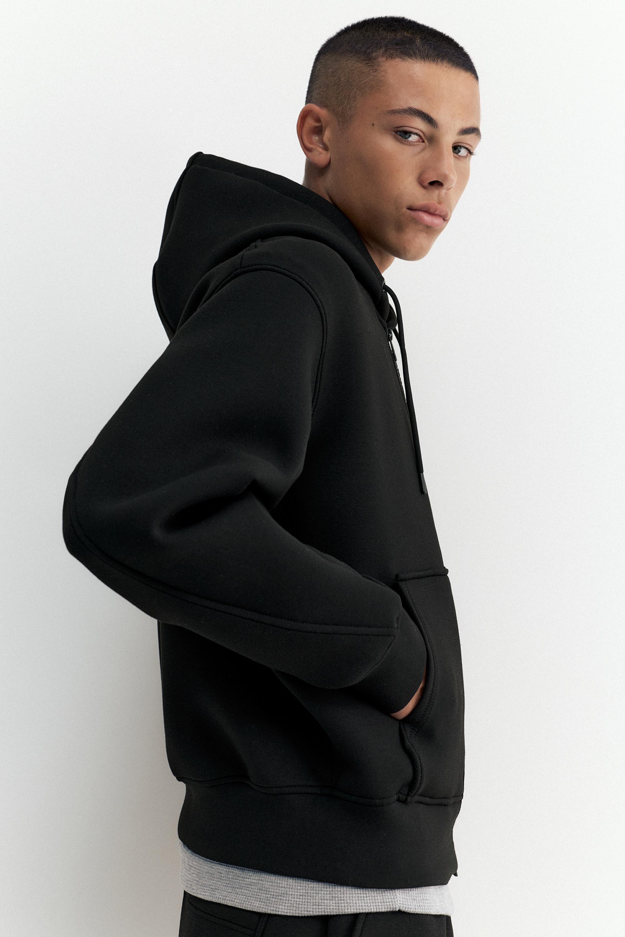 Neoprene-effect zip-up hoodie — Black