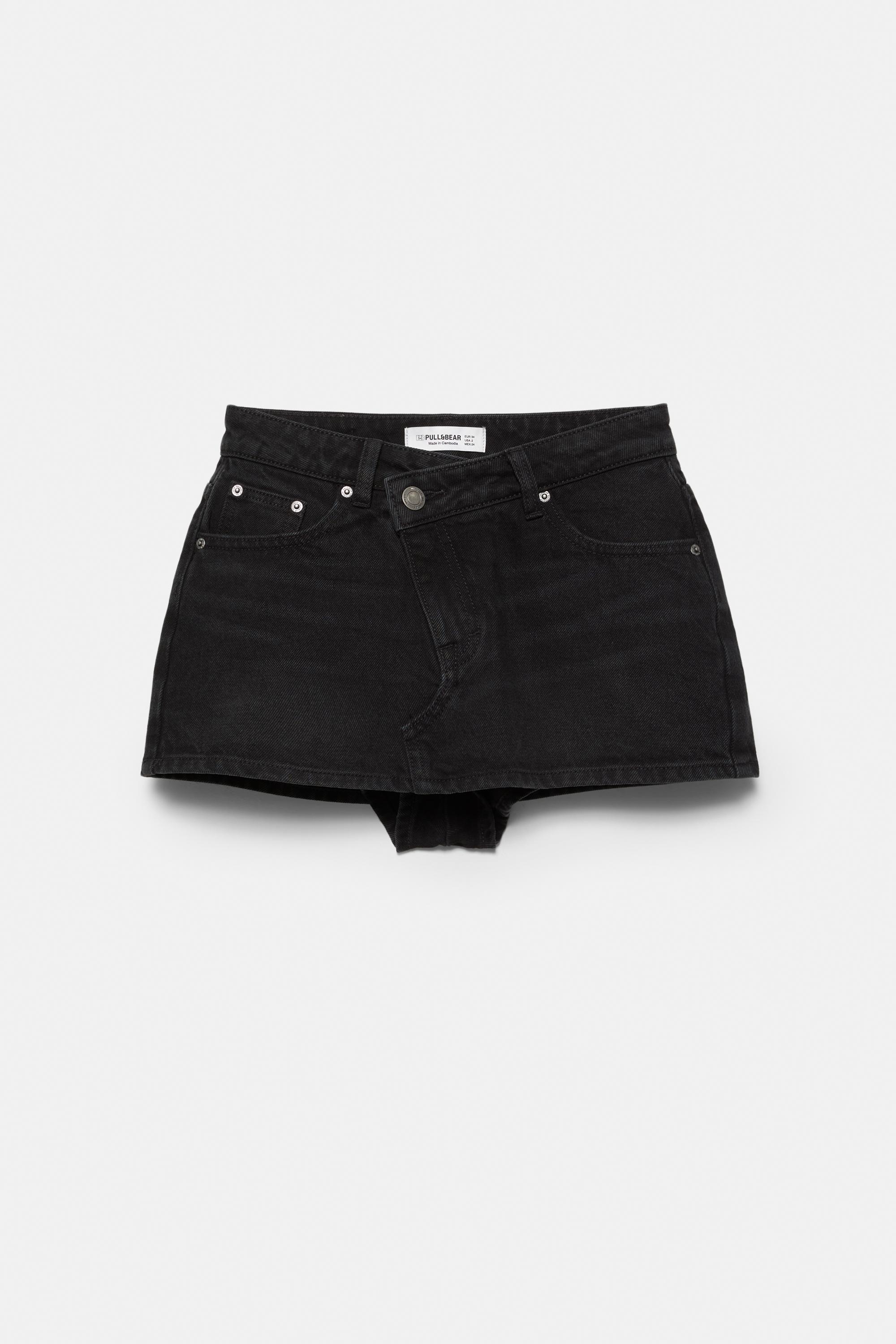 Cross-waist denim skort — Black