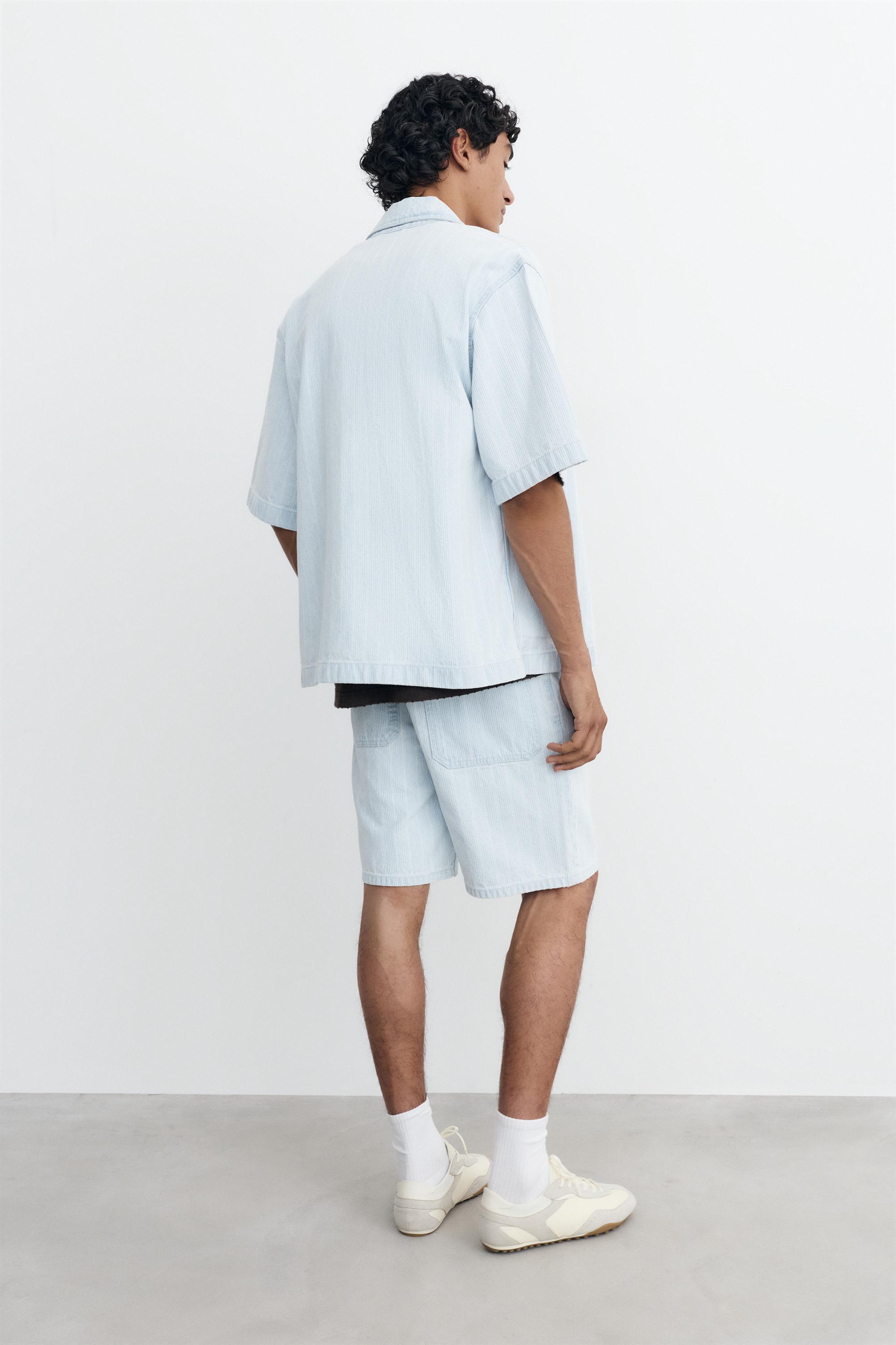 Standard fit jacquard denim Bermuda shorts — Pale blue