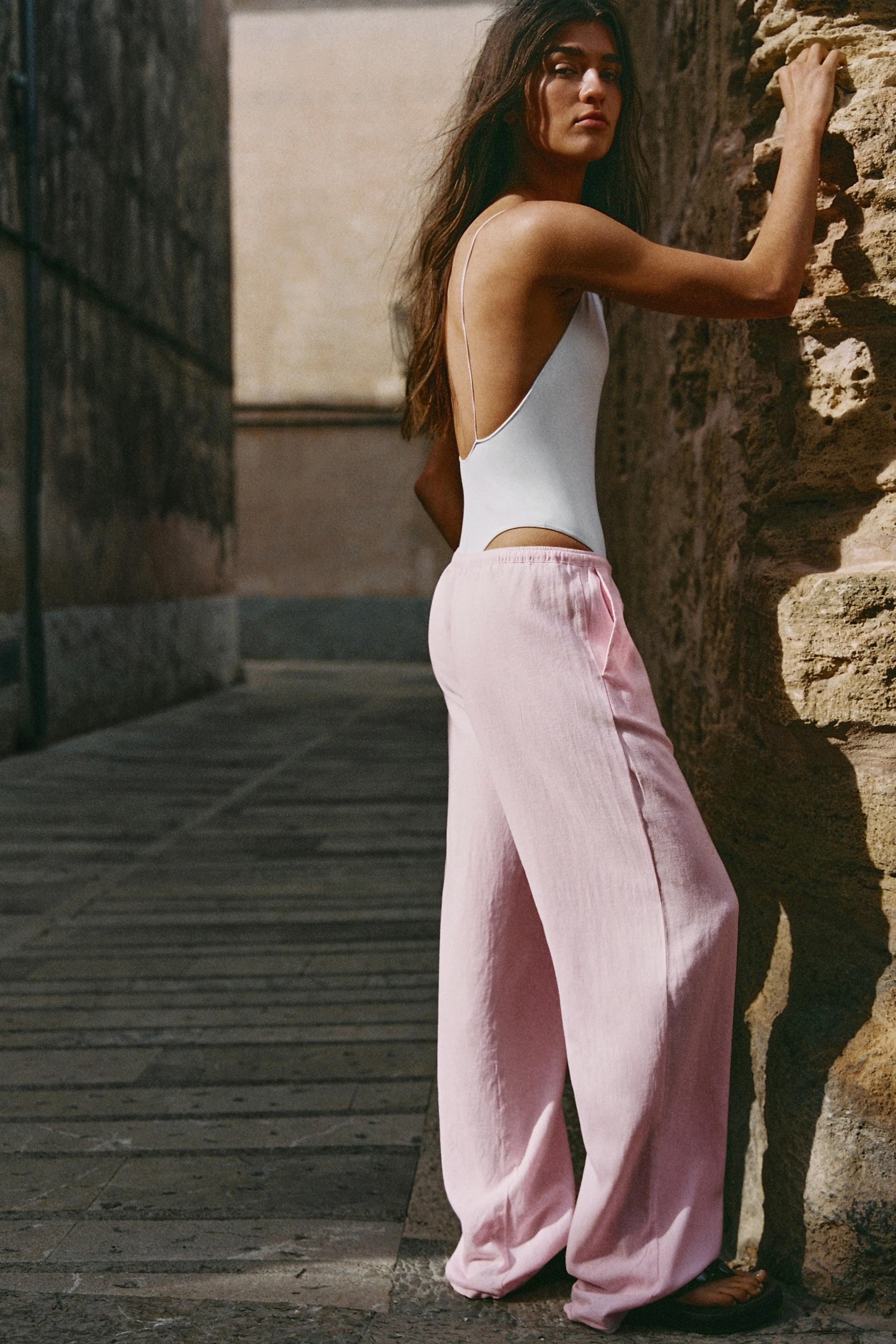 Flowy trousers with linen — Pastel pink