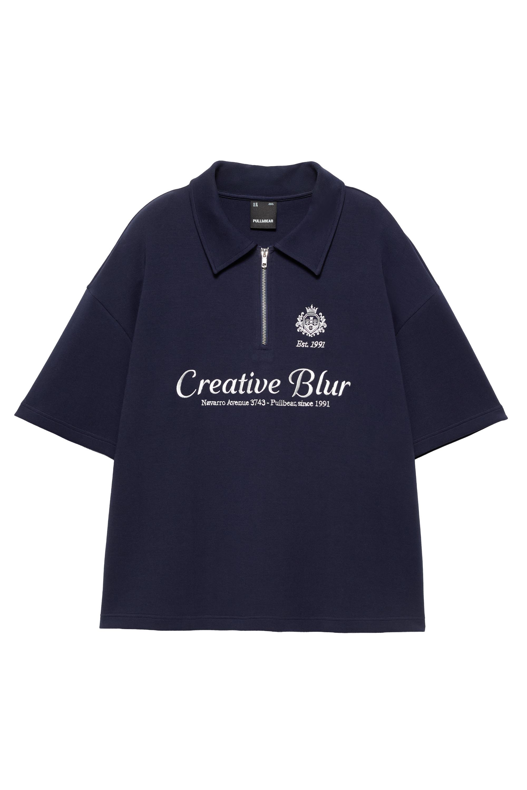 Pull&Bear Grafik baskılı fermuarlı interlok polo t-shirt görsel 4