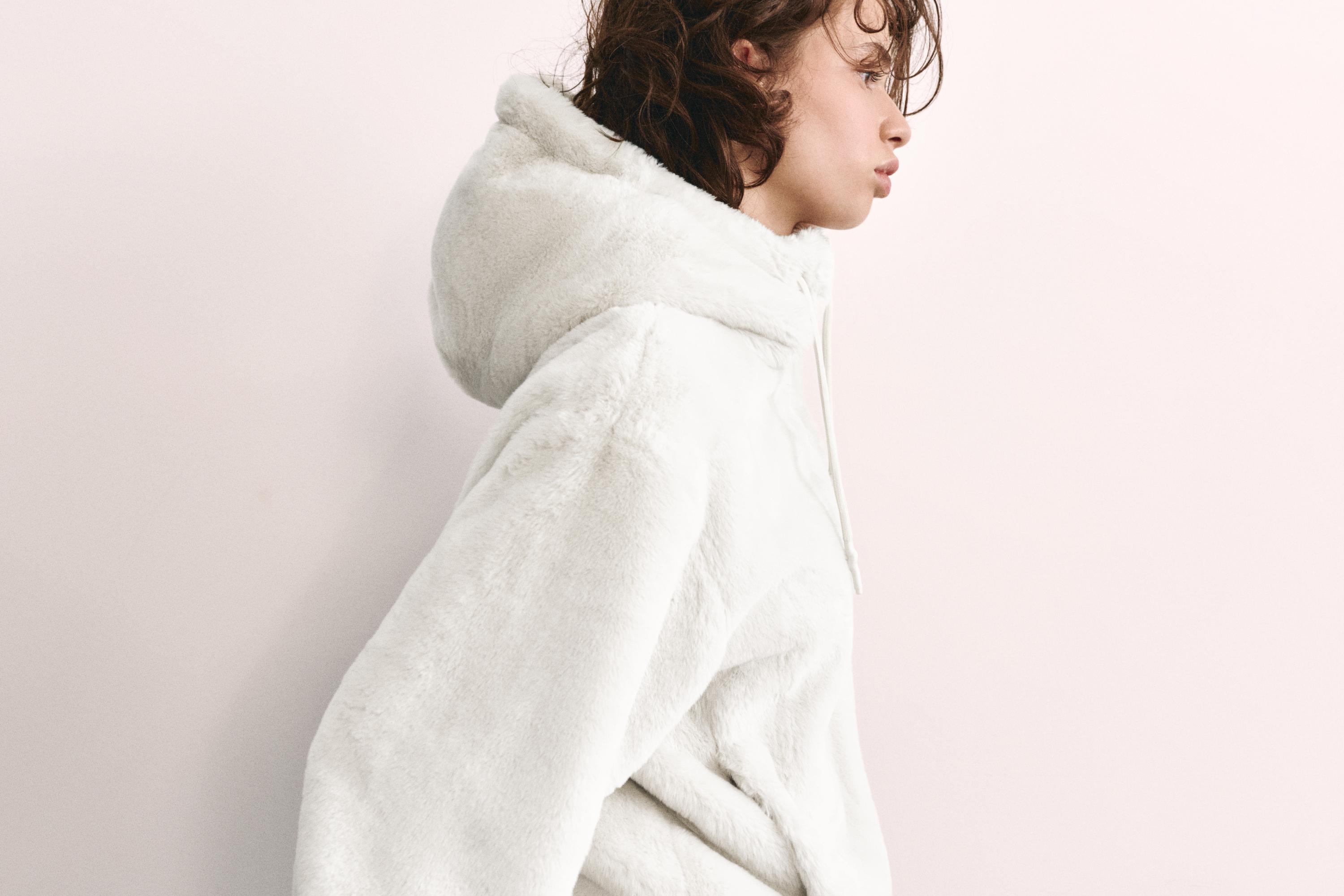 Hooded faux fur jacket — Ecru