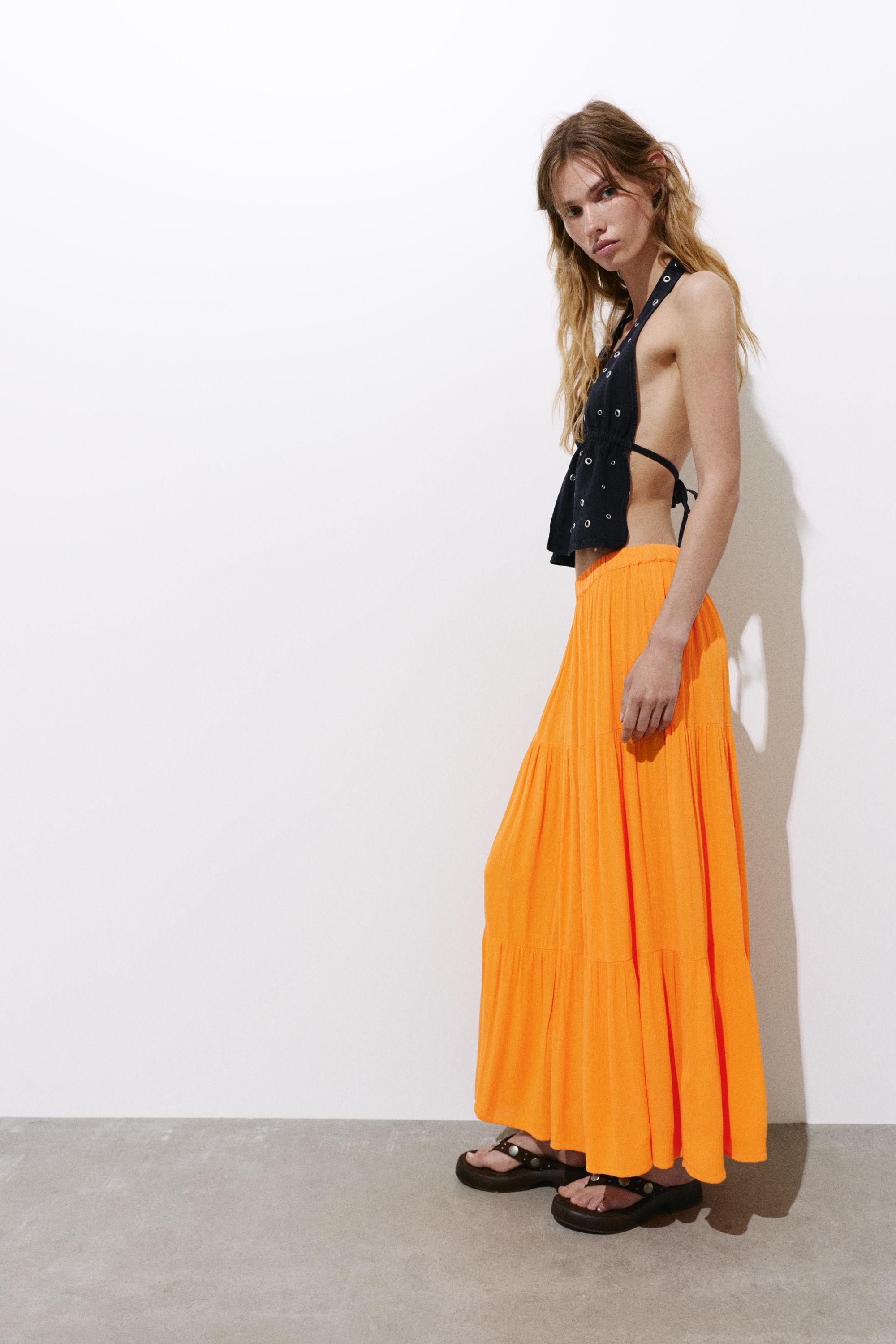 Flowy paneled midi skirt — Orange