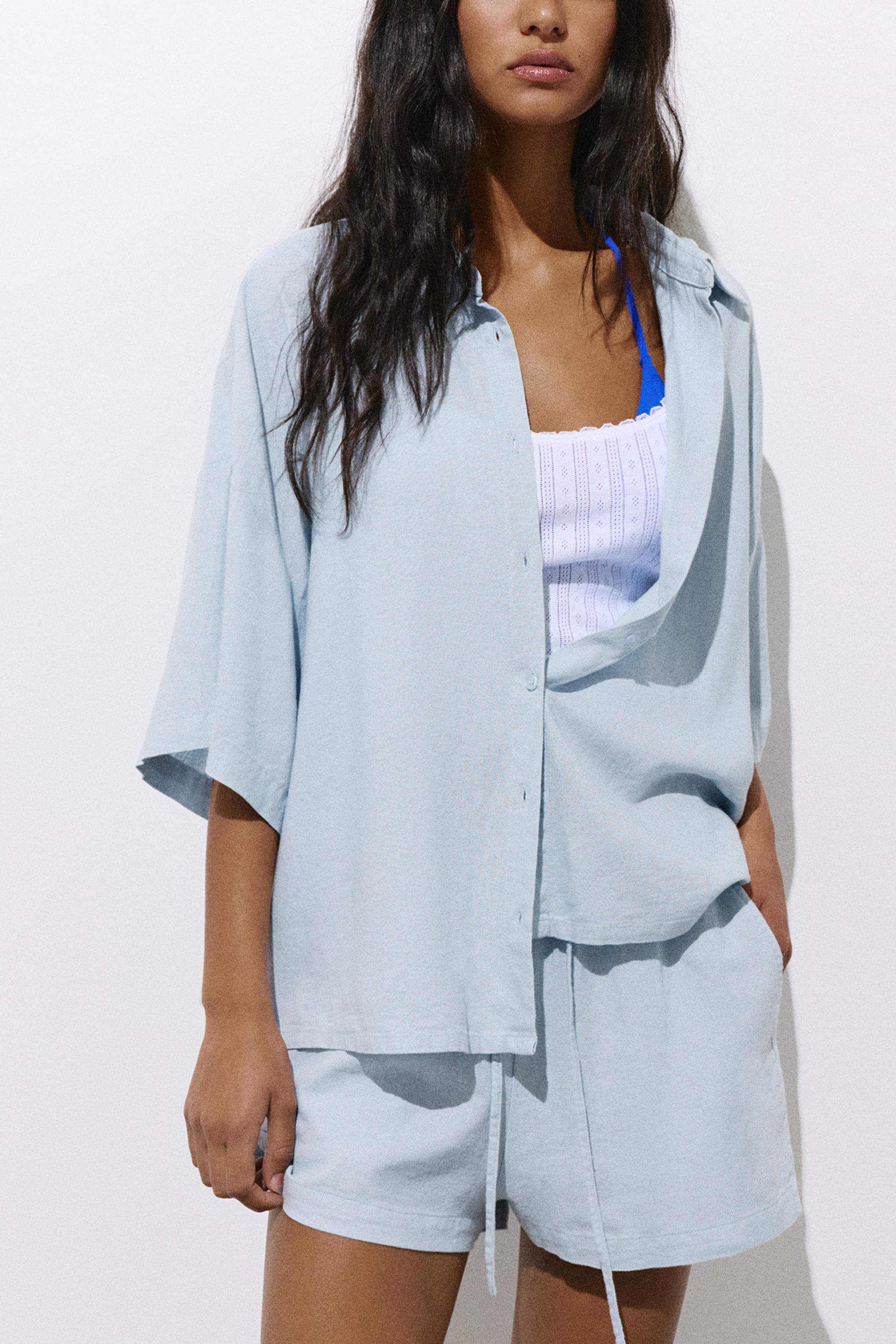 Short sleeve linen blend shirt — Sky blue