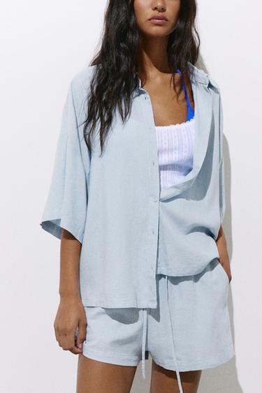 Short sleeve linen blend shirt — Sky blue 1