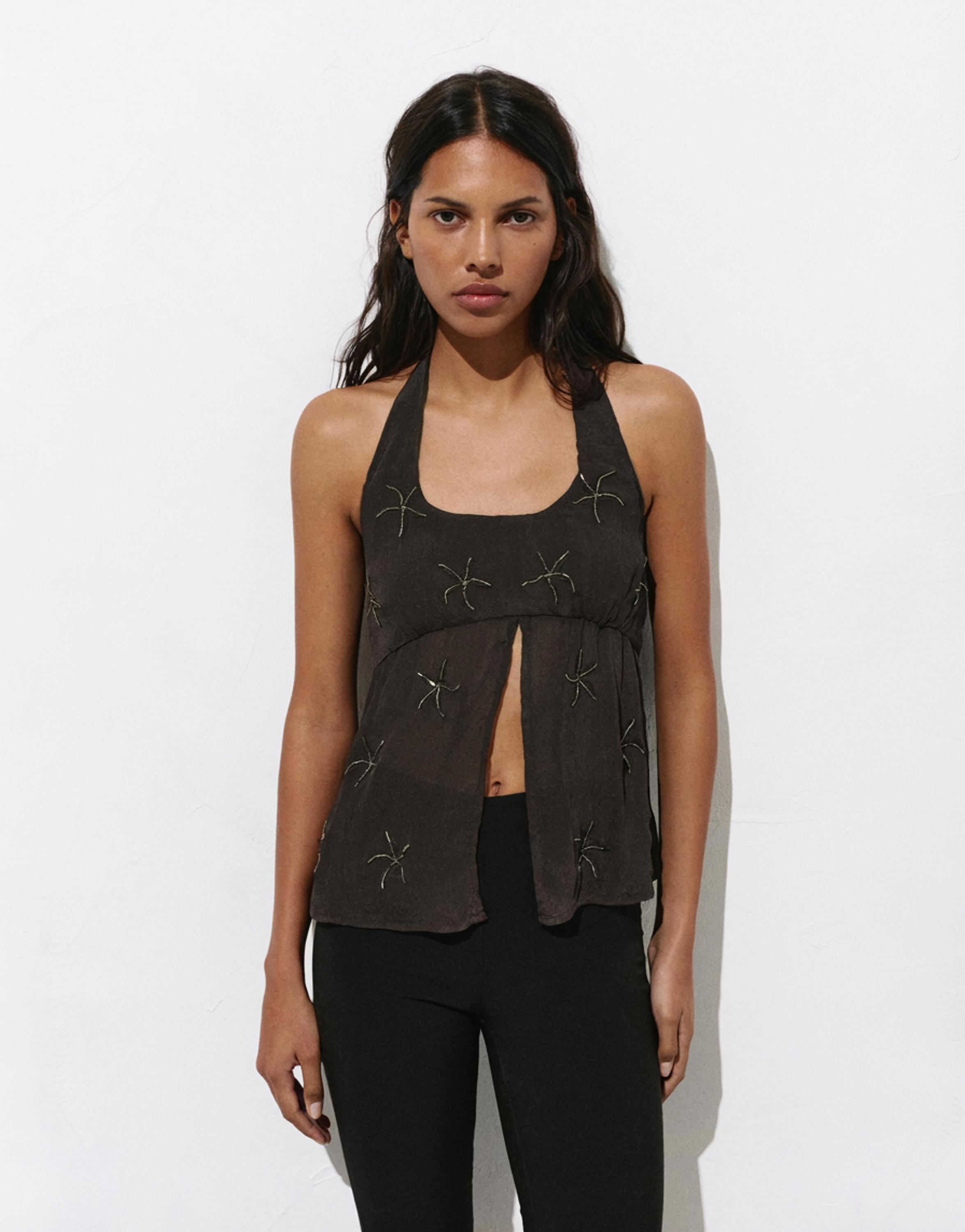 Beaded halter top — Brown
