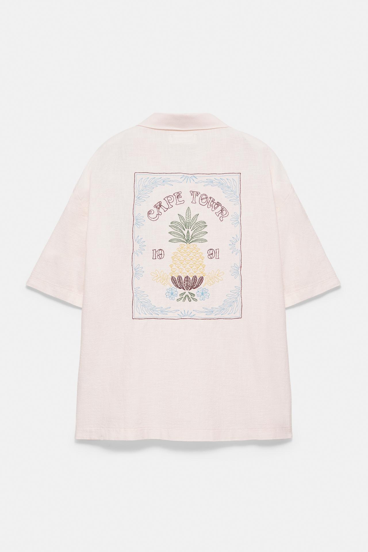 Pineapple embroidery short sleeve shirt — Rose pink