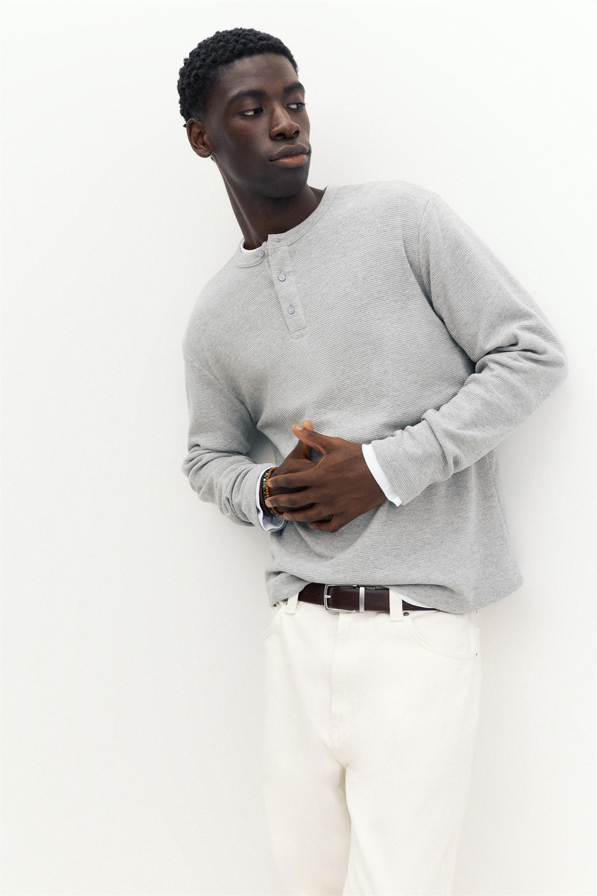 Waffle-knit long sleeve T-shirt — Pale marl
