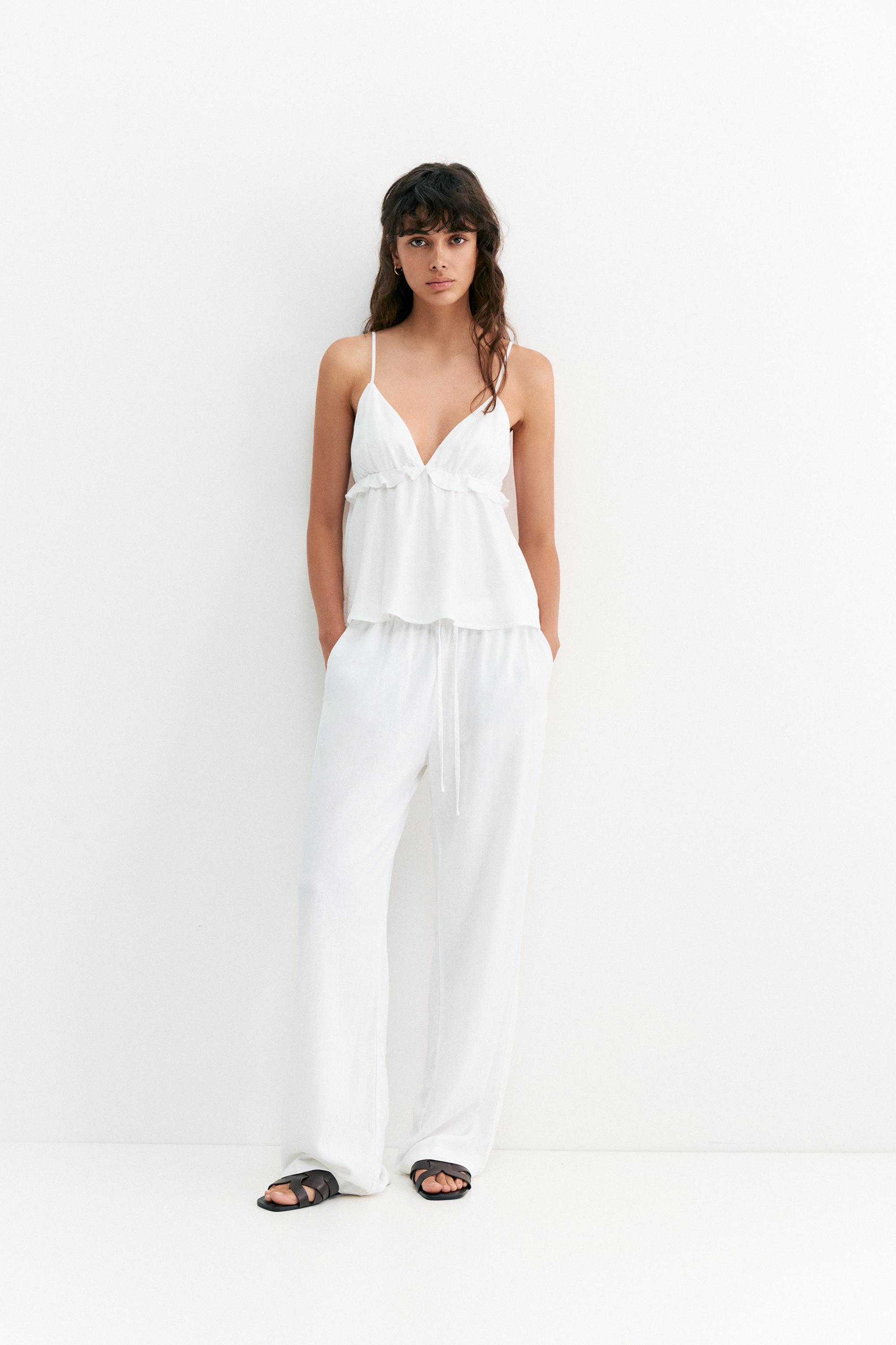 Flowy trousers with linen — White