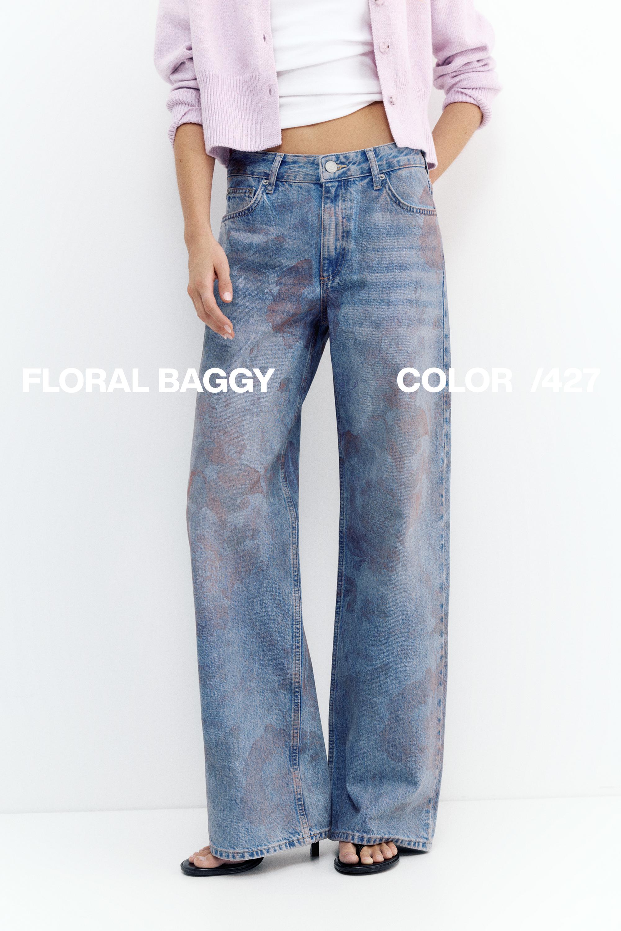 Floral baggy jeans — Medium blue
