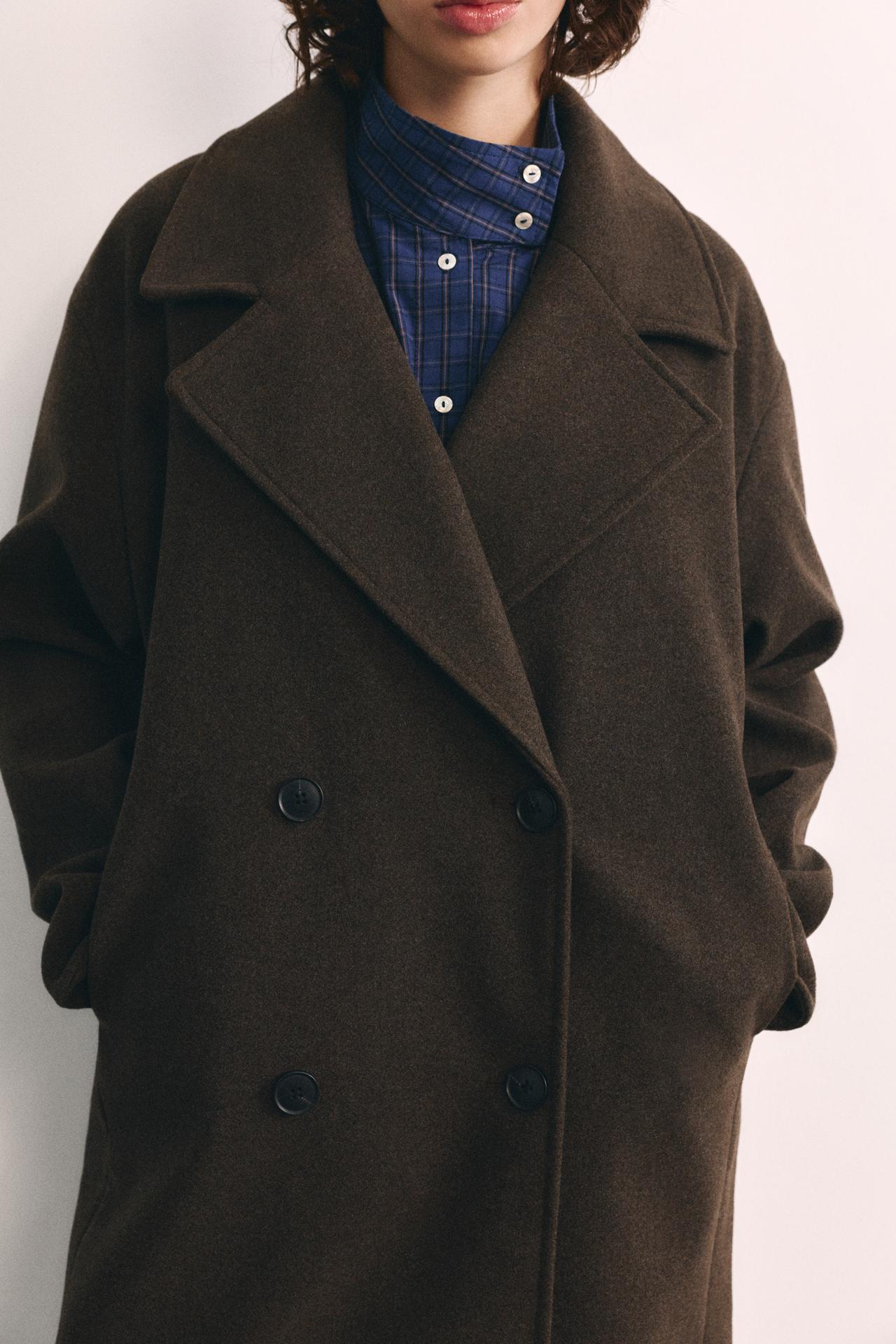 Double-breasted felt texture coat — Brown marl
