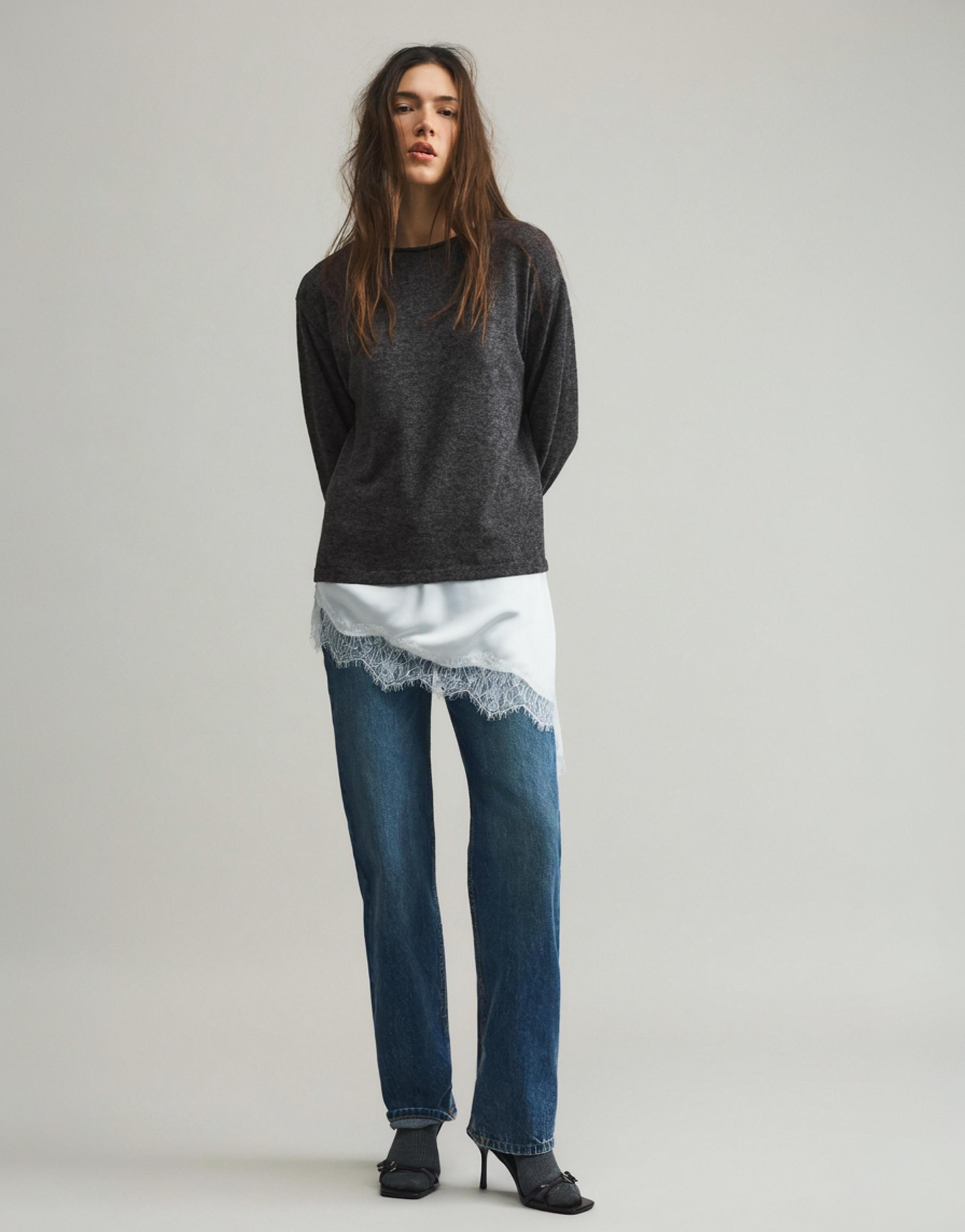 Fine lace combined jumper — Dark grey