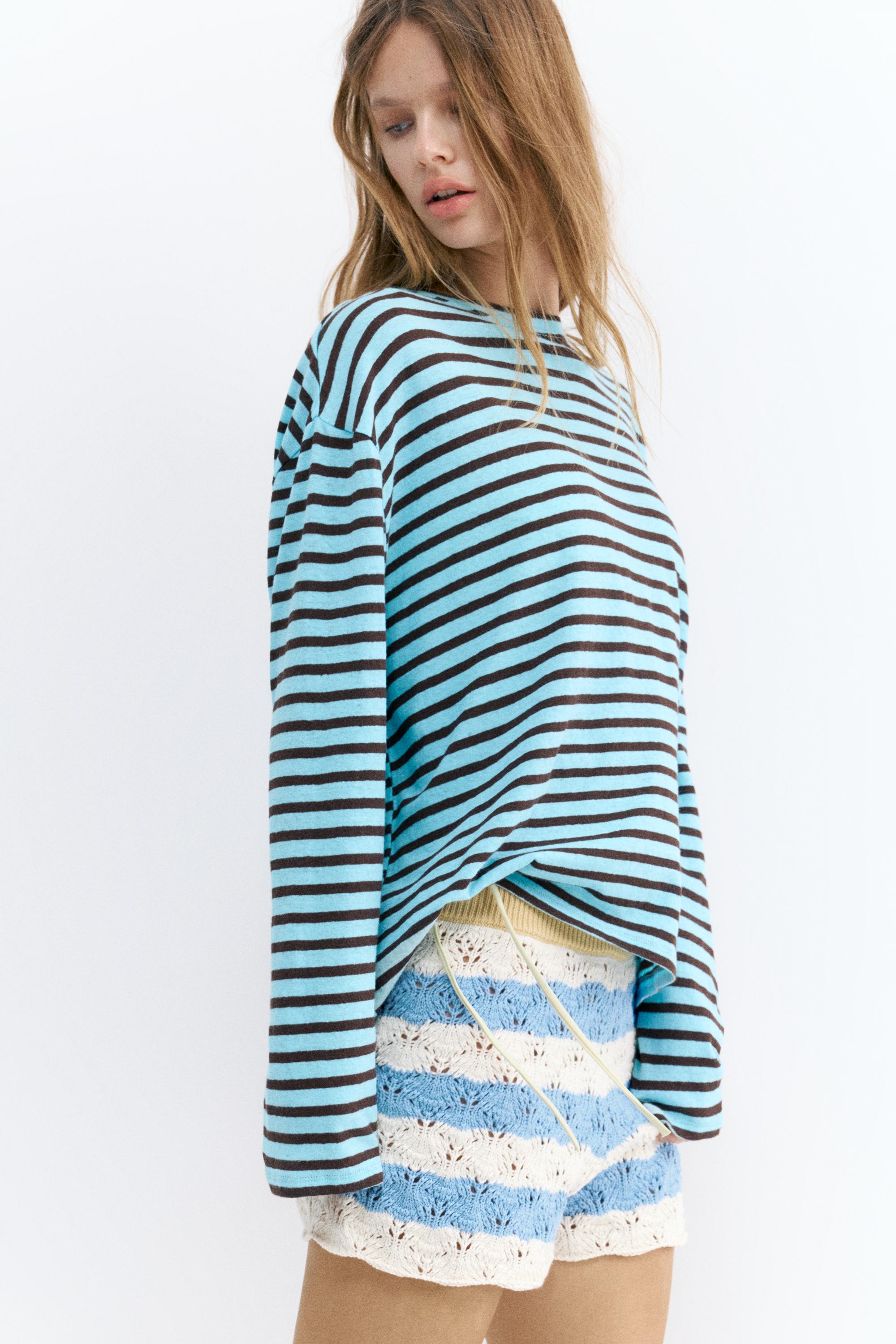 Striped crochet shorts — Pale blue