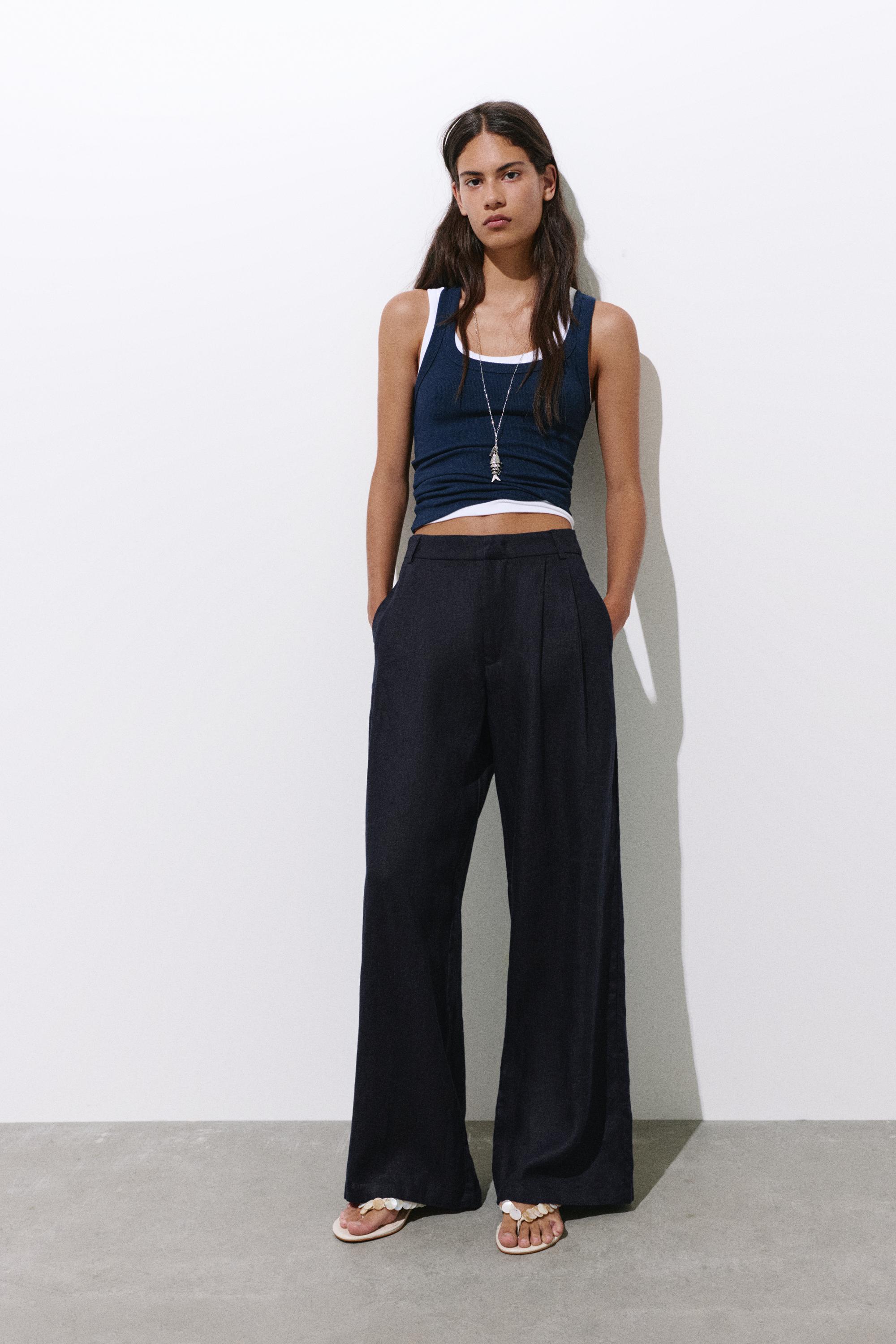 Wide-leg 100% linen trousers — Dark navy