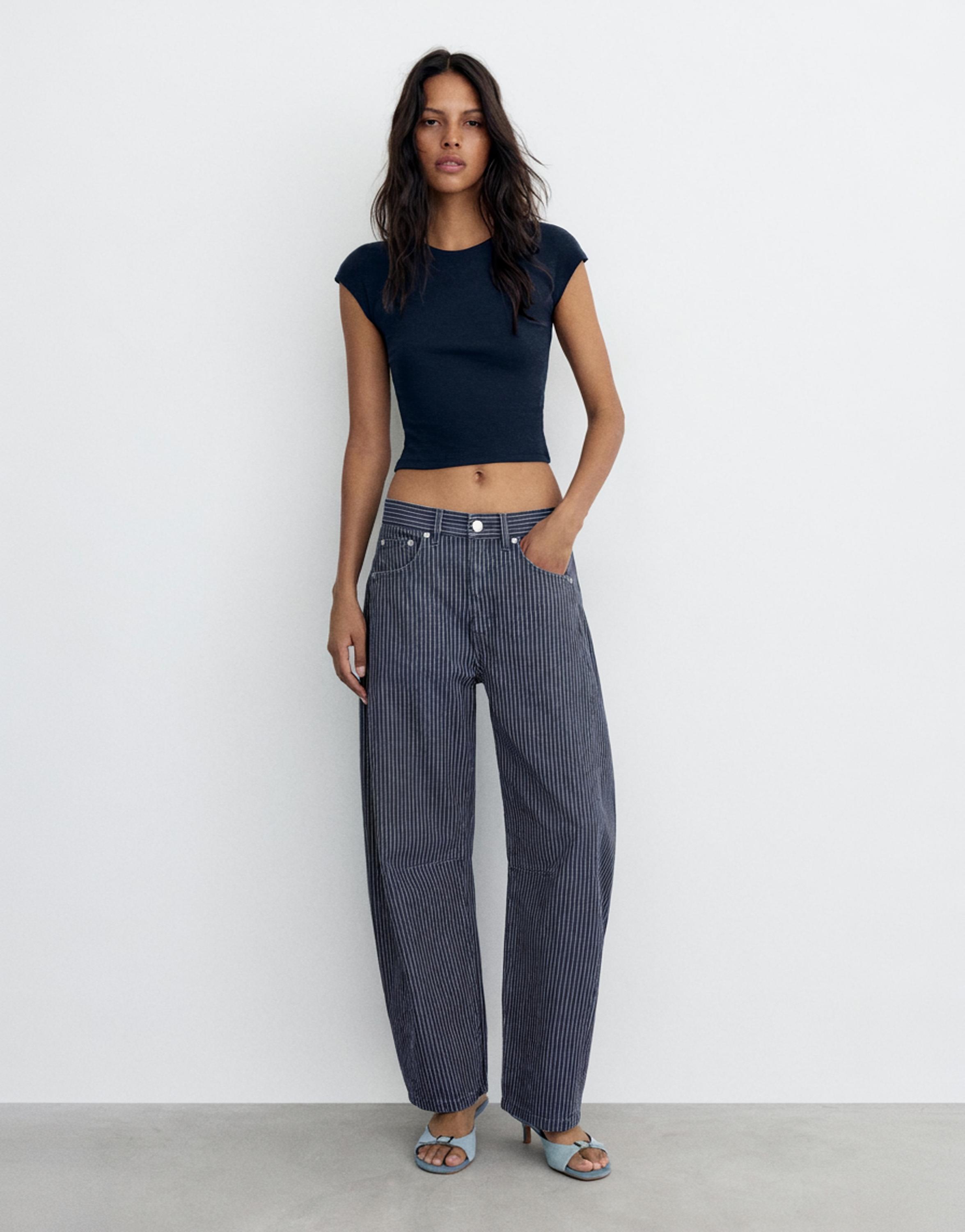 Striped balloon jeans with seams — Medium blue