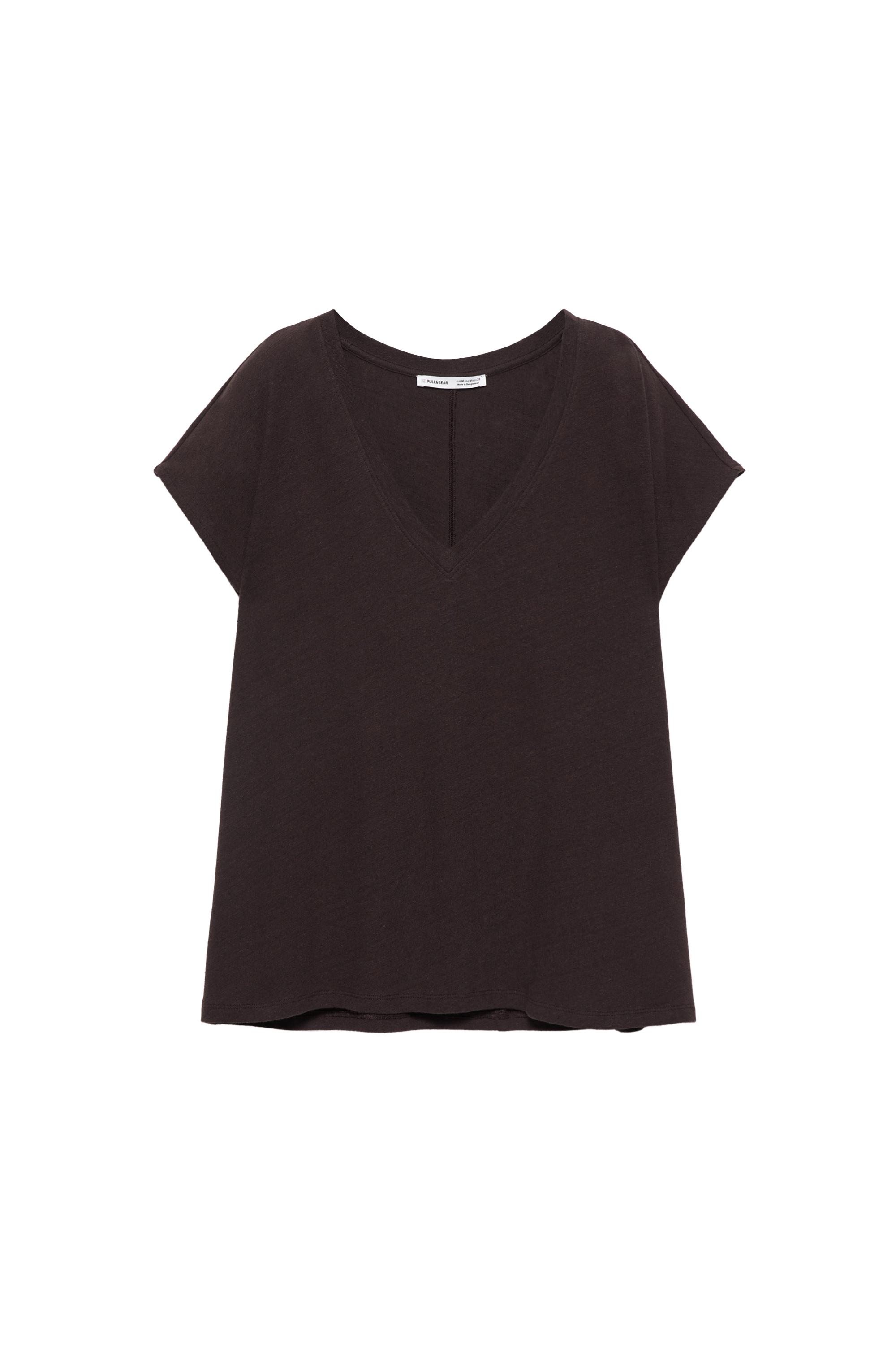 V yaka keten t-shirt - Görsel 3