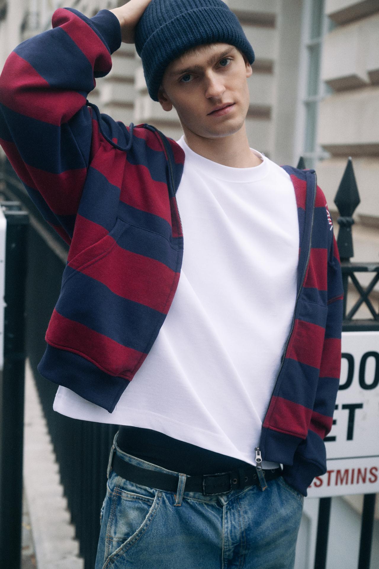 Striped zip-up sweatshirt with hood — Navy