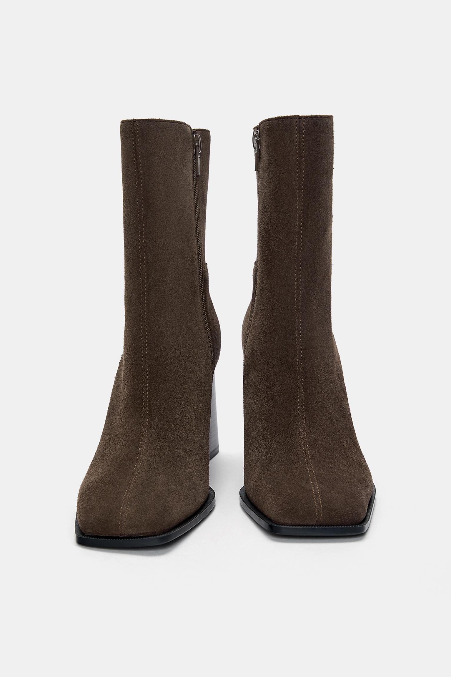 Leather high-heel ankle boots — Taupe