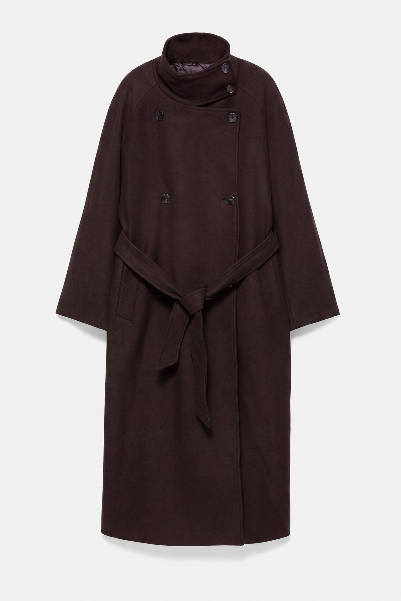 High neck belted coat — Dark brown