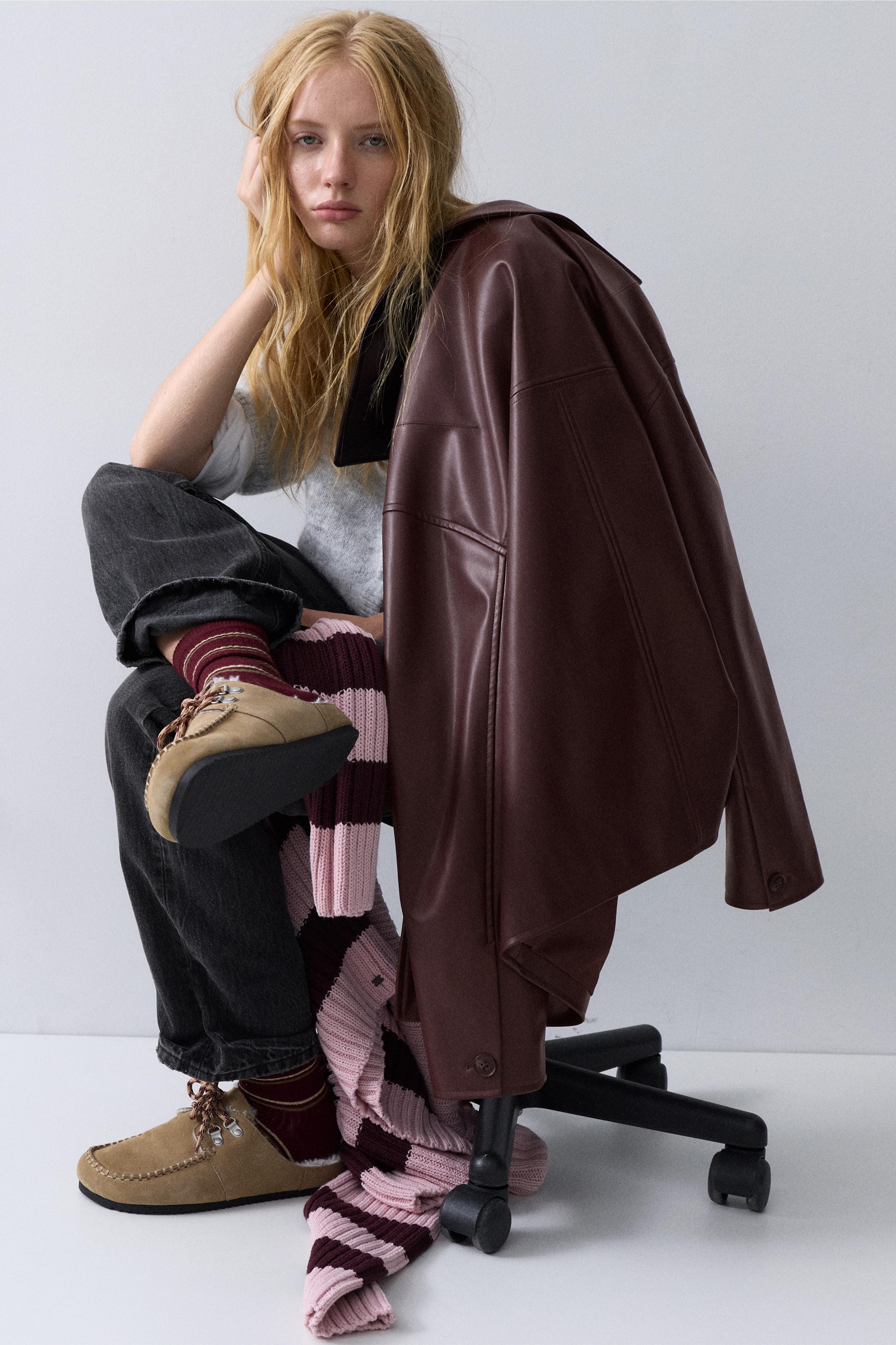 Faux shearling leather lace-up clogs — Sand
