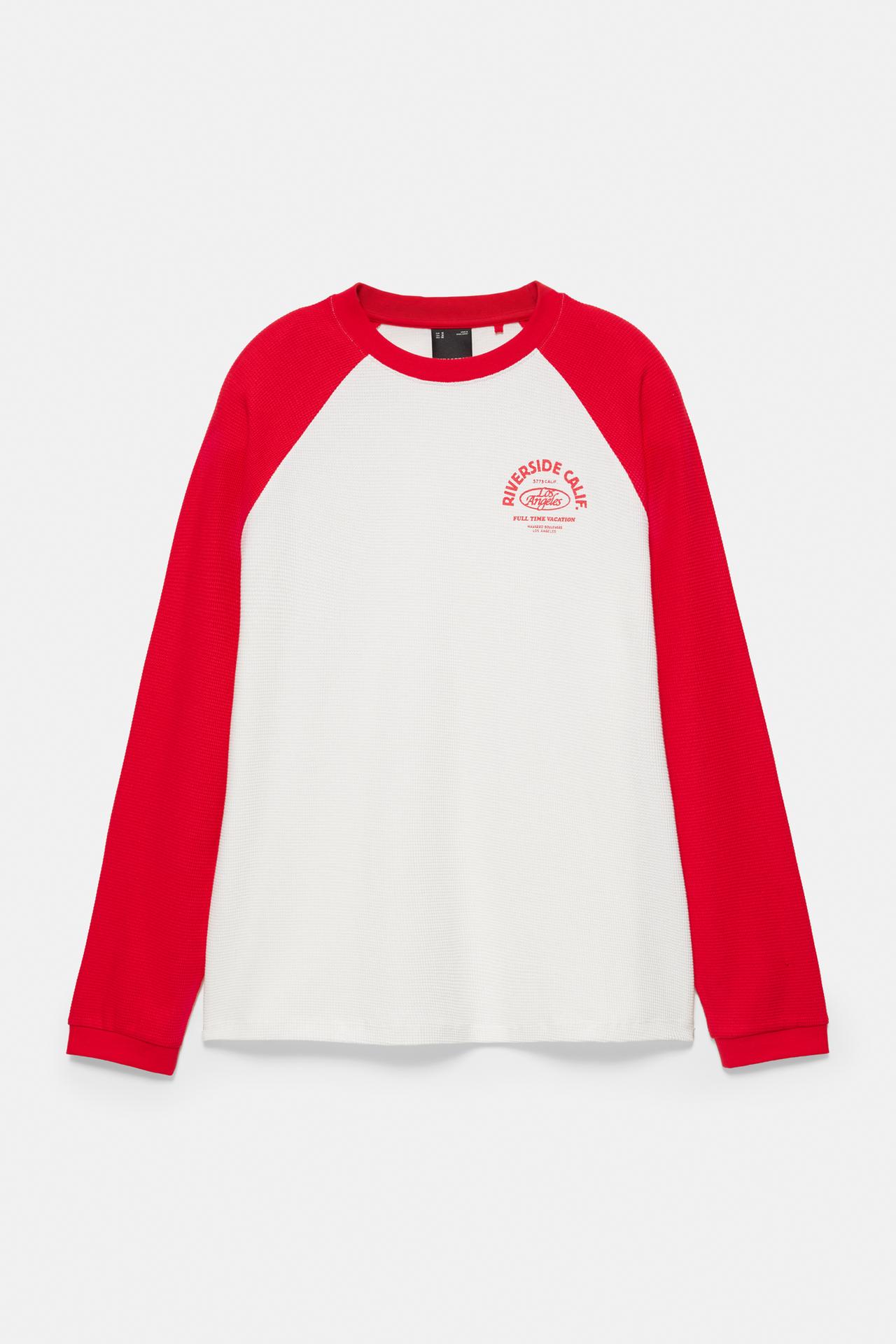 Waffle-knit raglan sleeve T-shirt — Red
