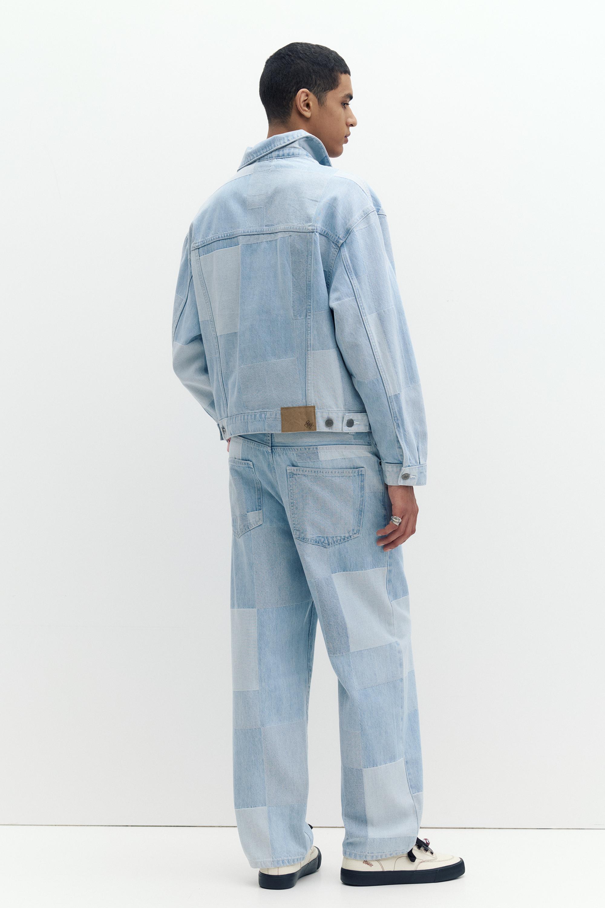 Baggy patchwork check jeans — Pale indigo