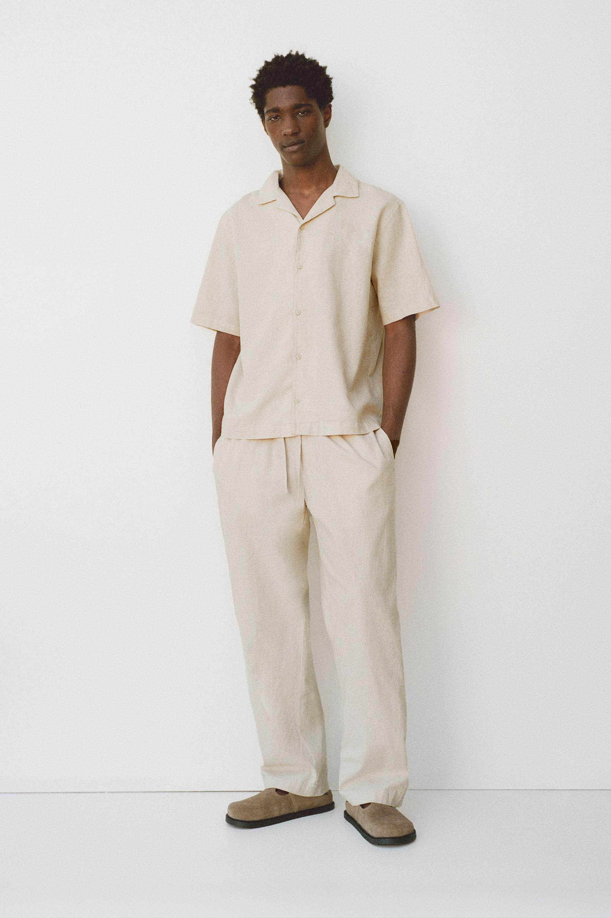 Short sleeve linen blend shirt — Beige
