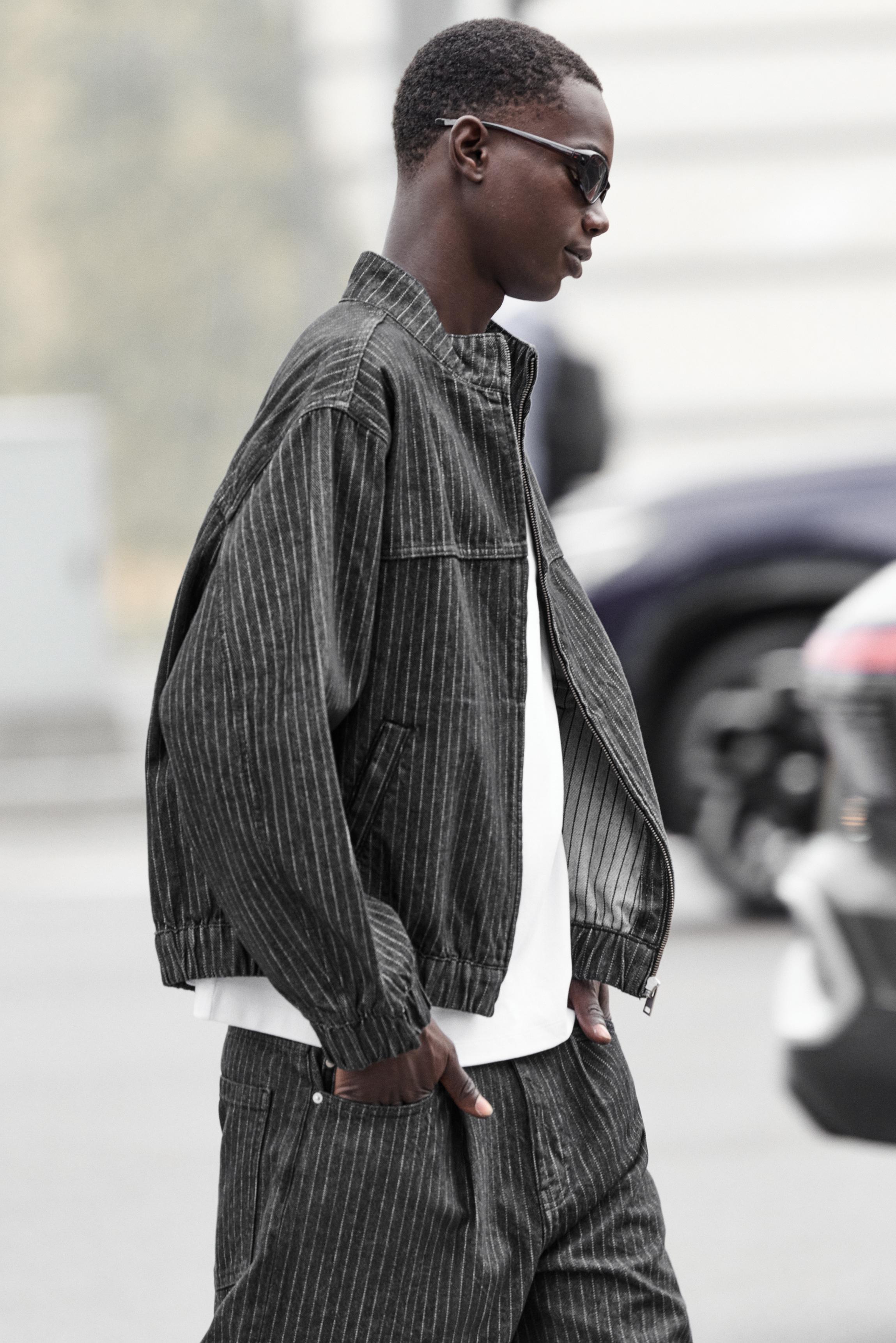 Striped denim jacket — Black