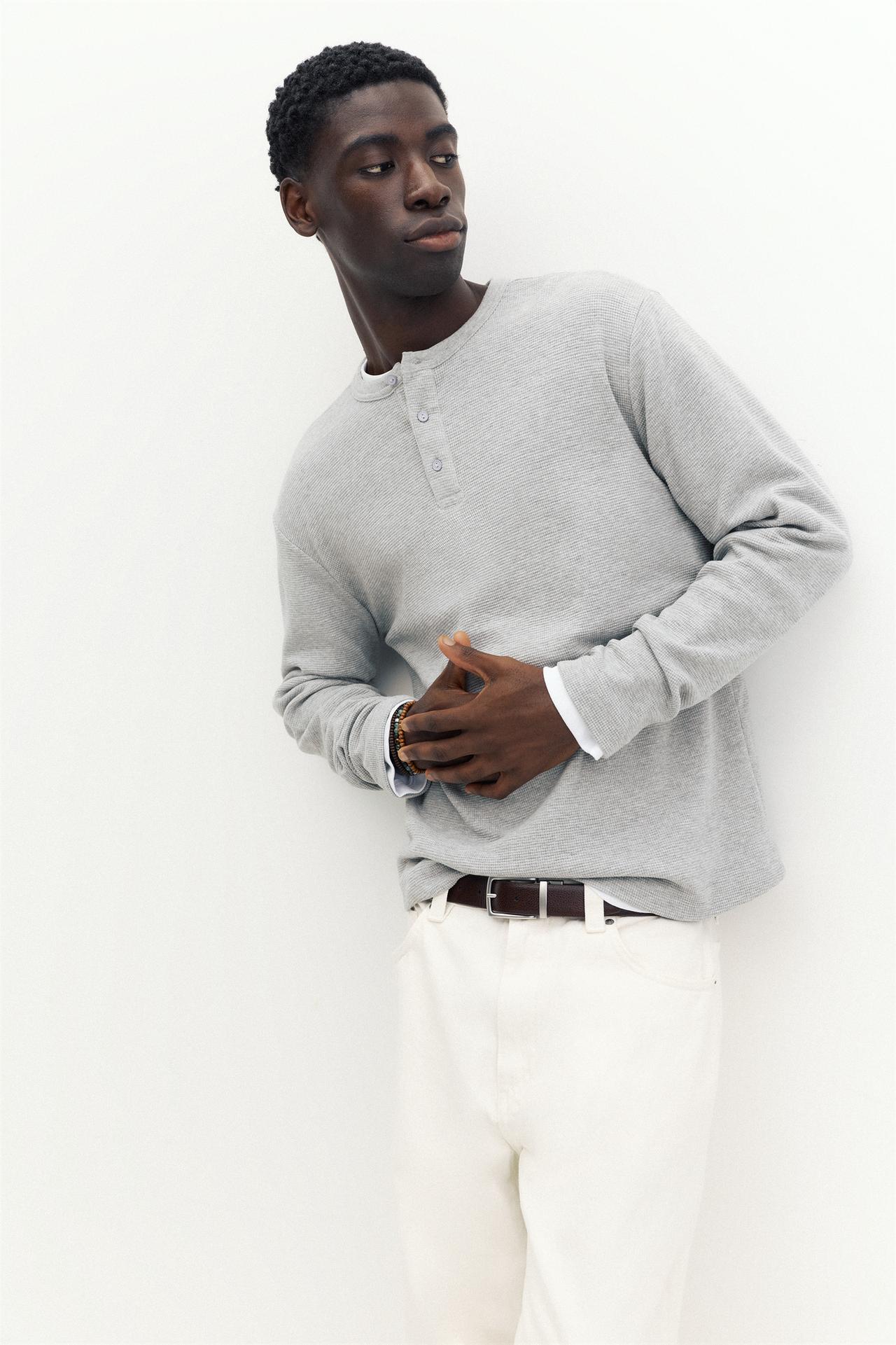 Long sleeve Henley T-shirt — Pale marl