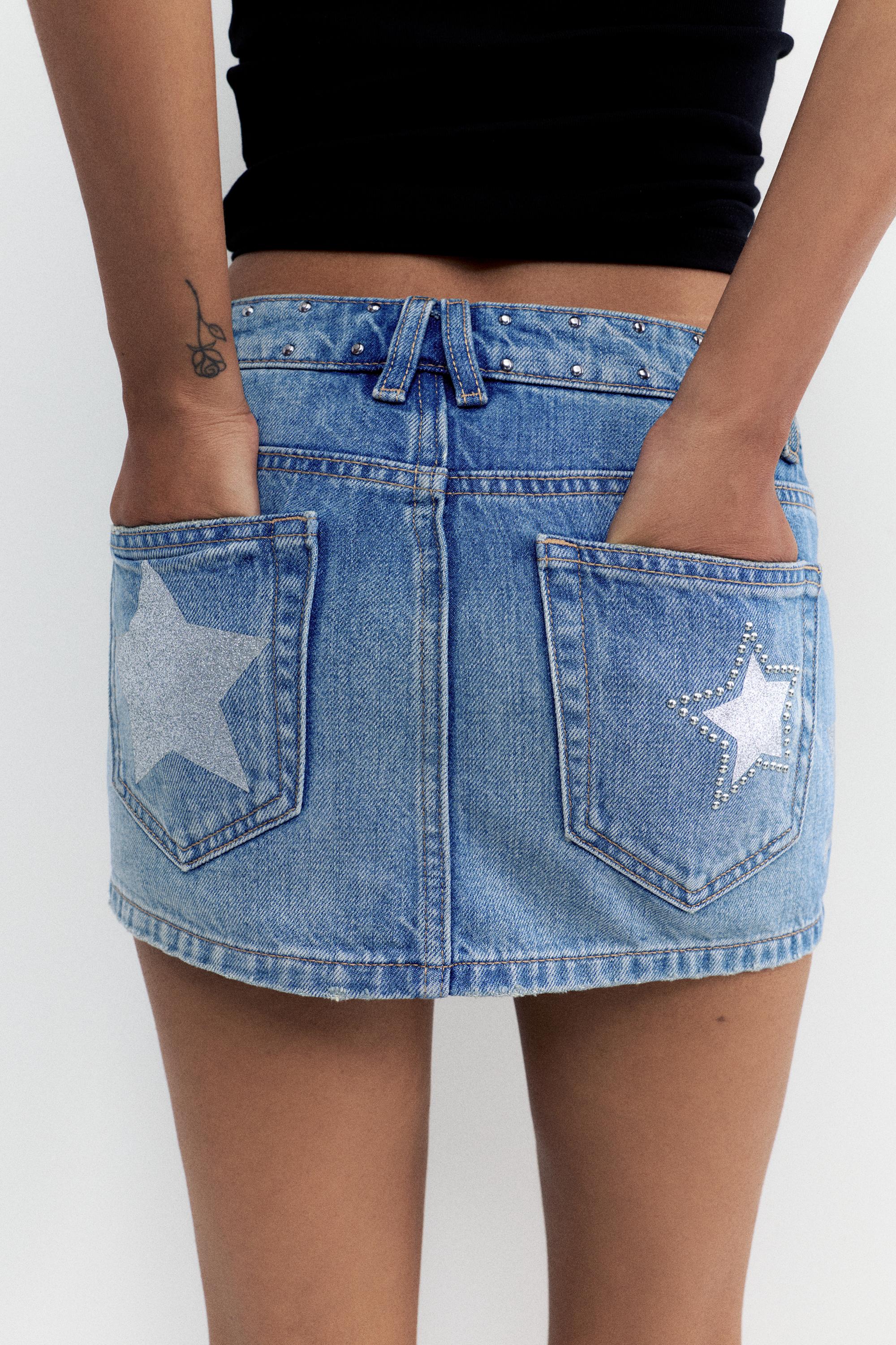 Star and stud denim mini skirt — Medium blue